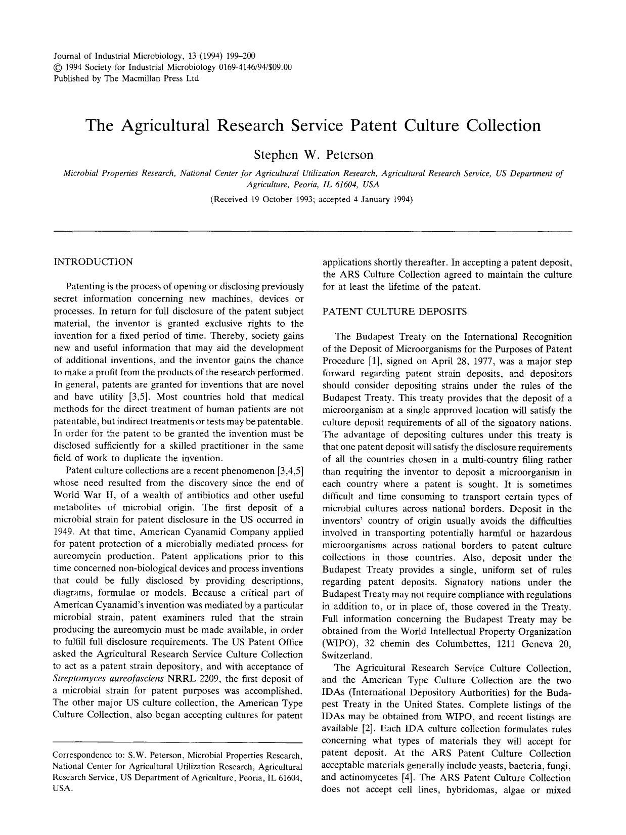 The agricultural research service patent culture collection by Unknown