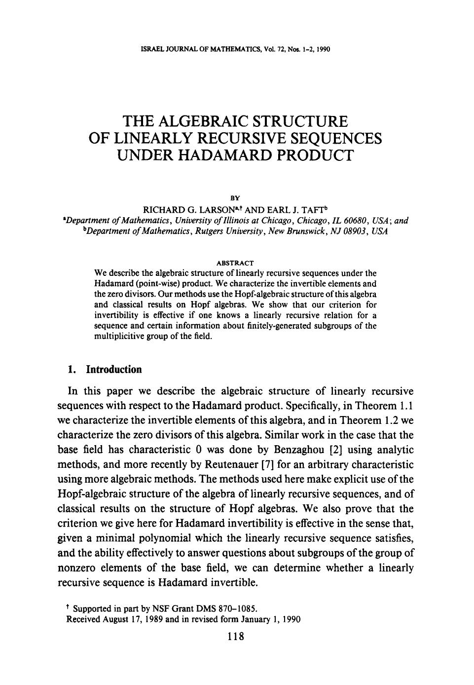 The algebraic structure of linearly recursive sequences under hadamard product by Unknown