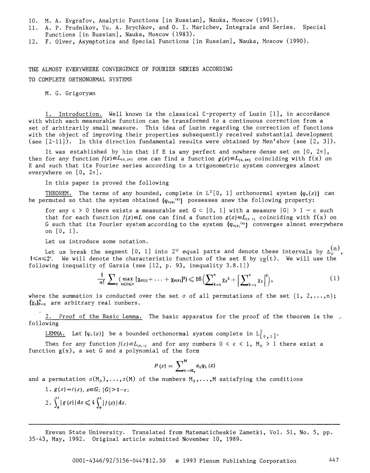 The almost everywhere convergence of fourier series according to complete orthonormal systems by Unknown