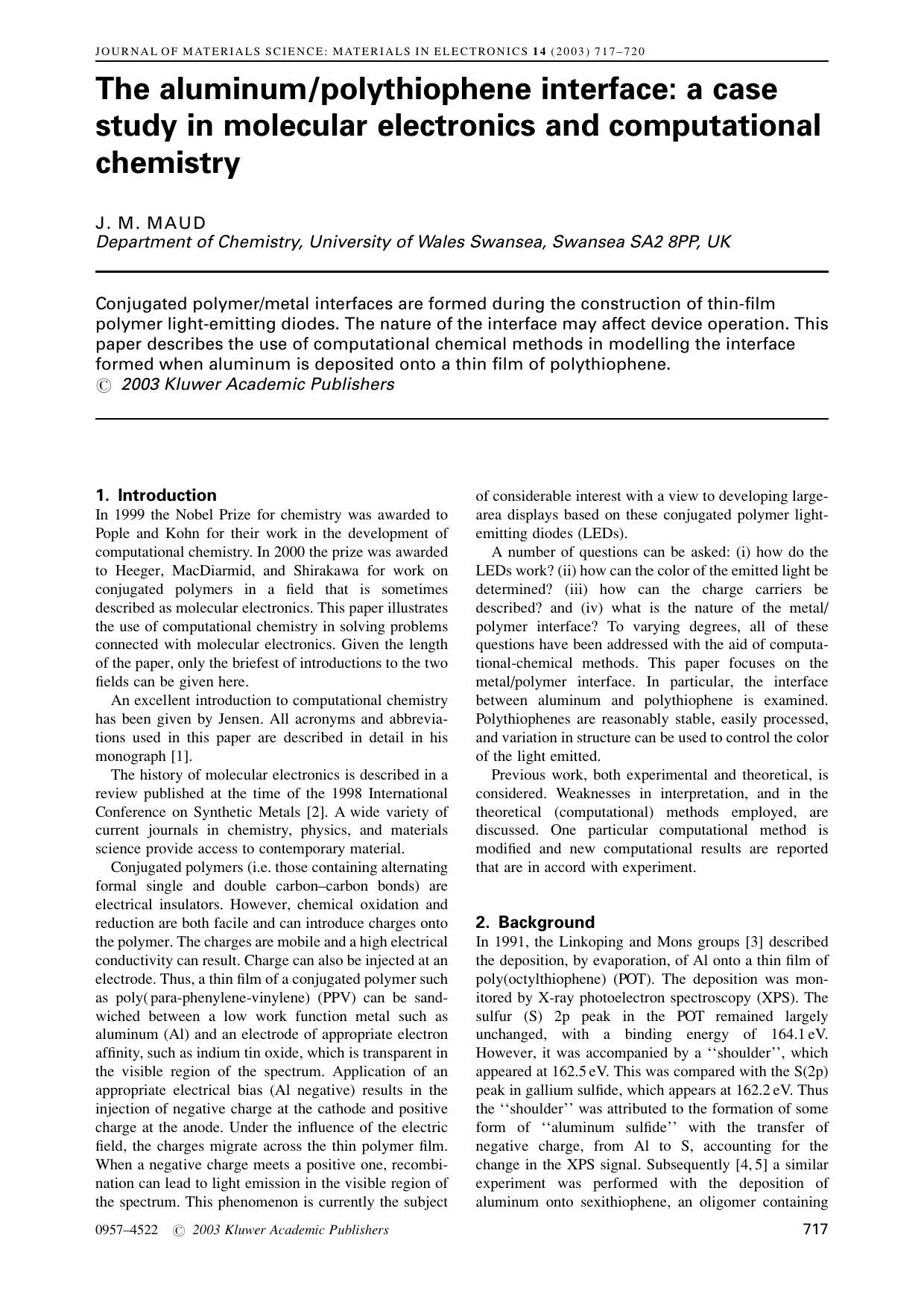 The aluminumpolythiophene interface: a case study in molecular electronics and computational chemistry by Unknown
