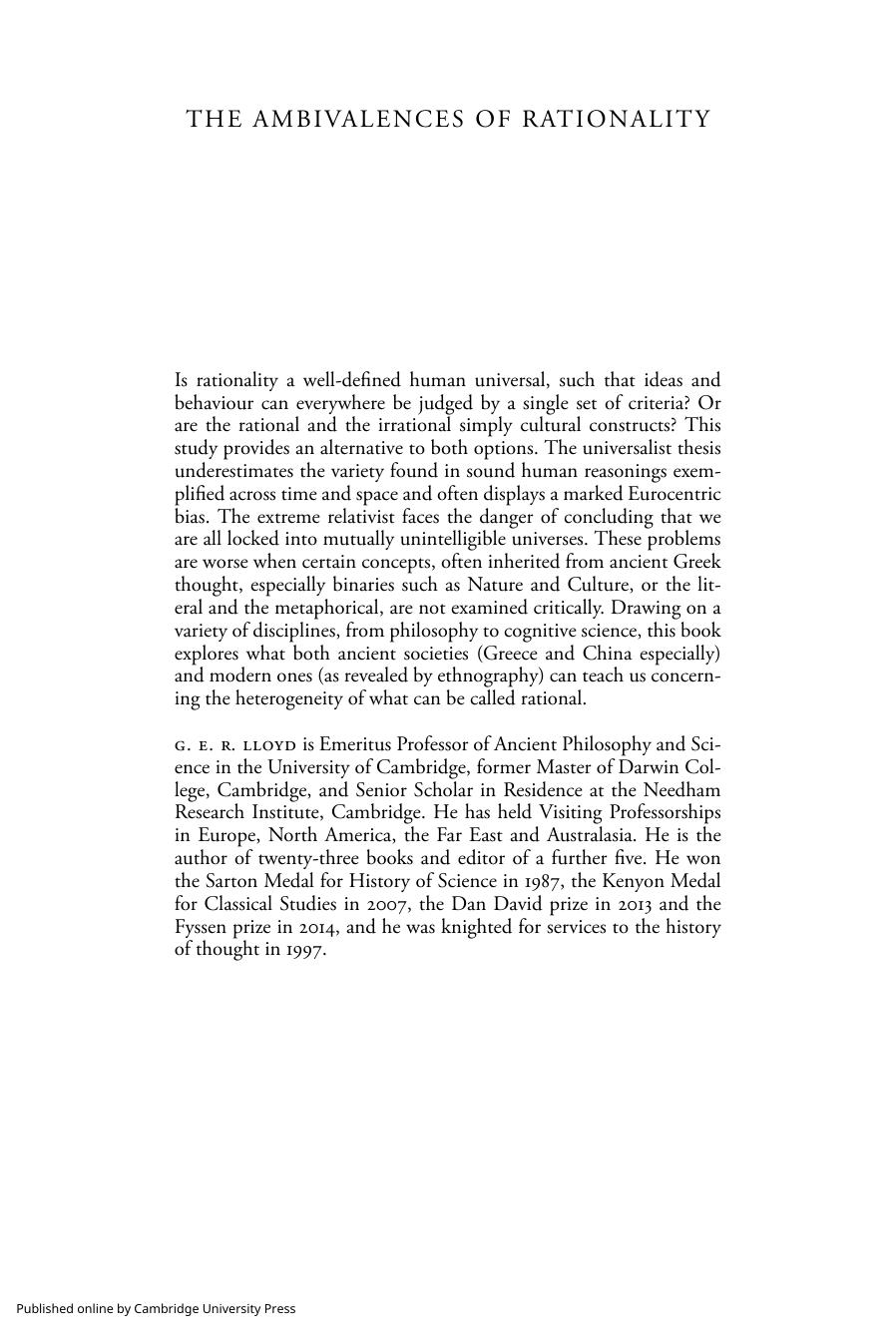 The ambivalences of rationality: ancient and modern cross-cultural explorations by Lloyd G. E. R. (Geoffrey Ernest Richard)