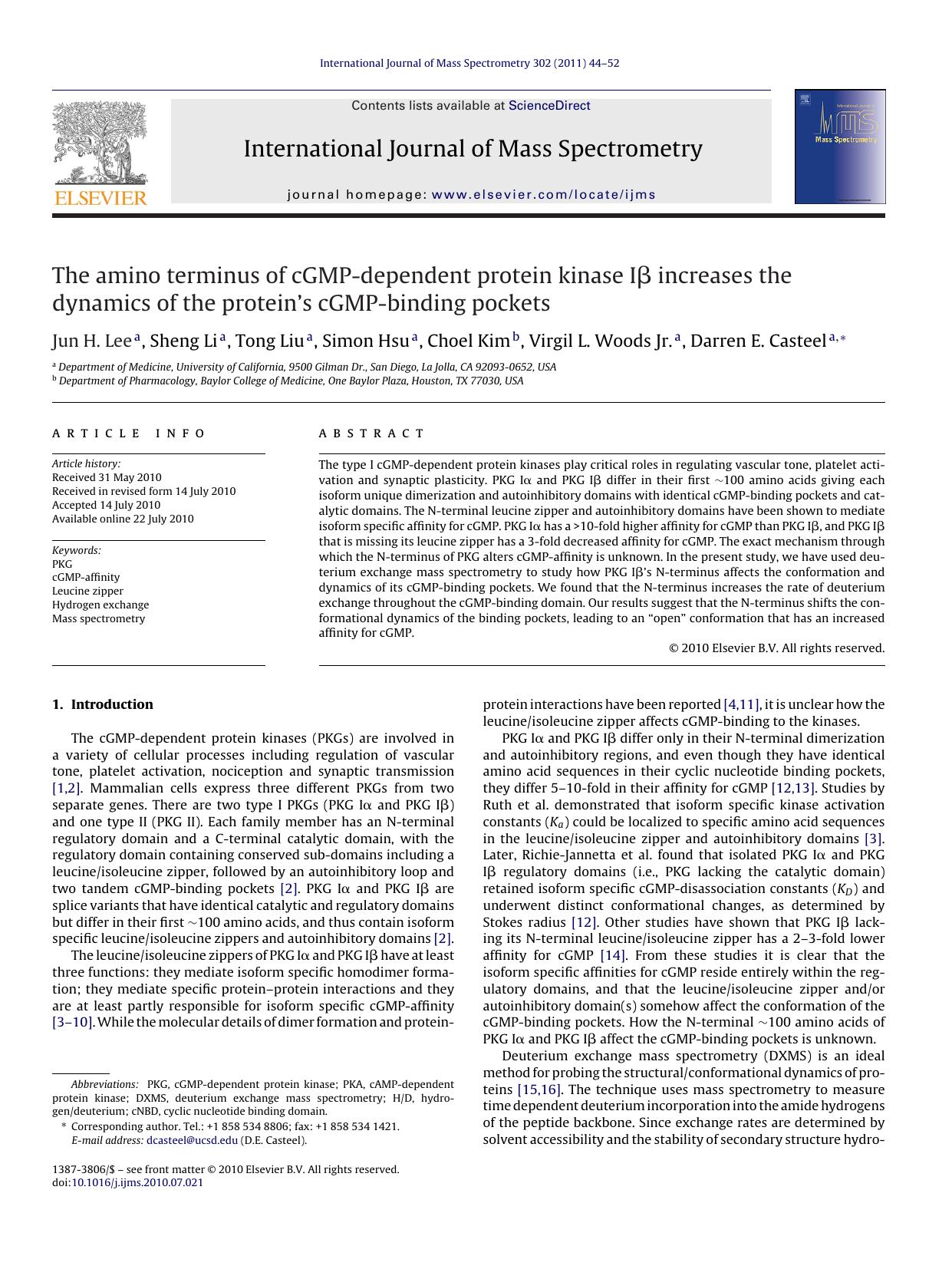 The amino terminus of cGMP-dependent protein kinase IÃÂ² increases the dynamics of the protein's cGMP-binding pockets by Jun H. Lee