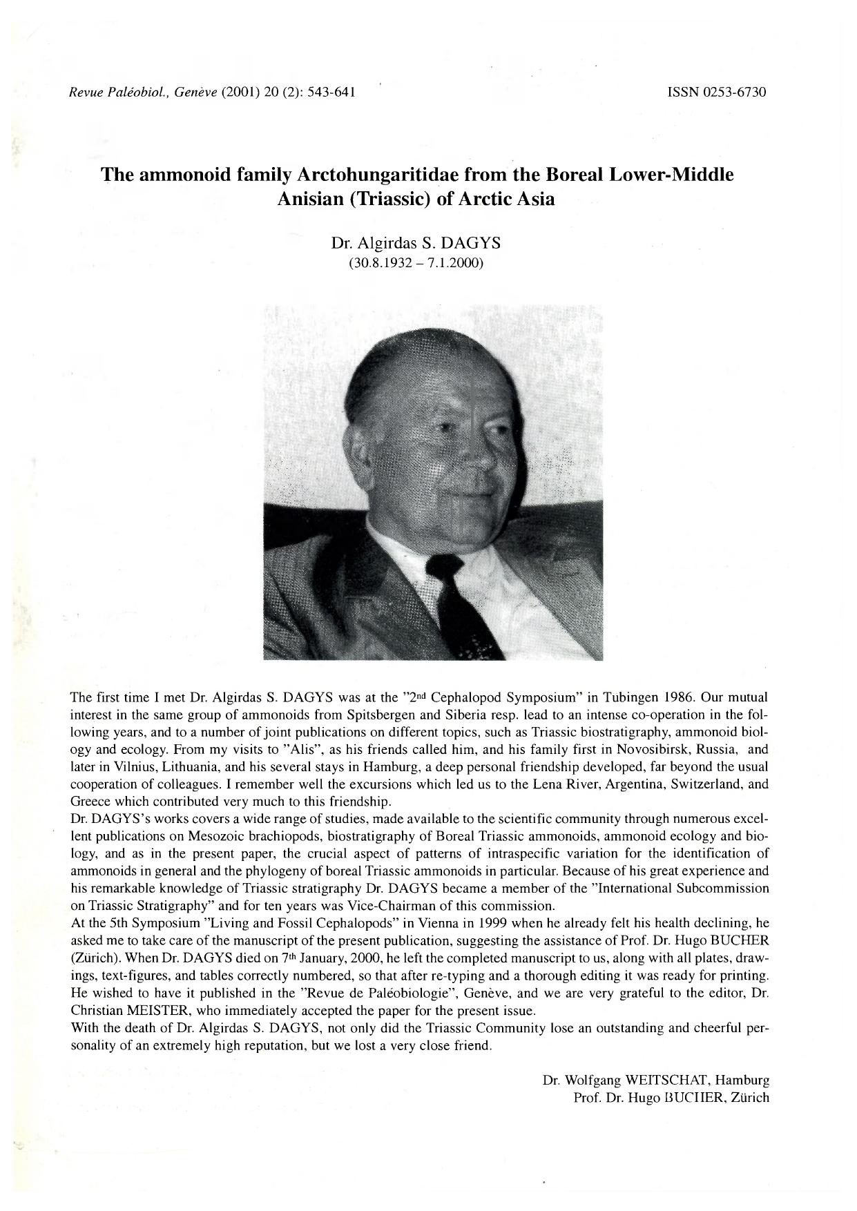 The ammonoid family Arctohungaritidae from the Boreal Lower-Middle Anisian (Triassic) of Arctic Asia by Dagys A.S
