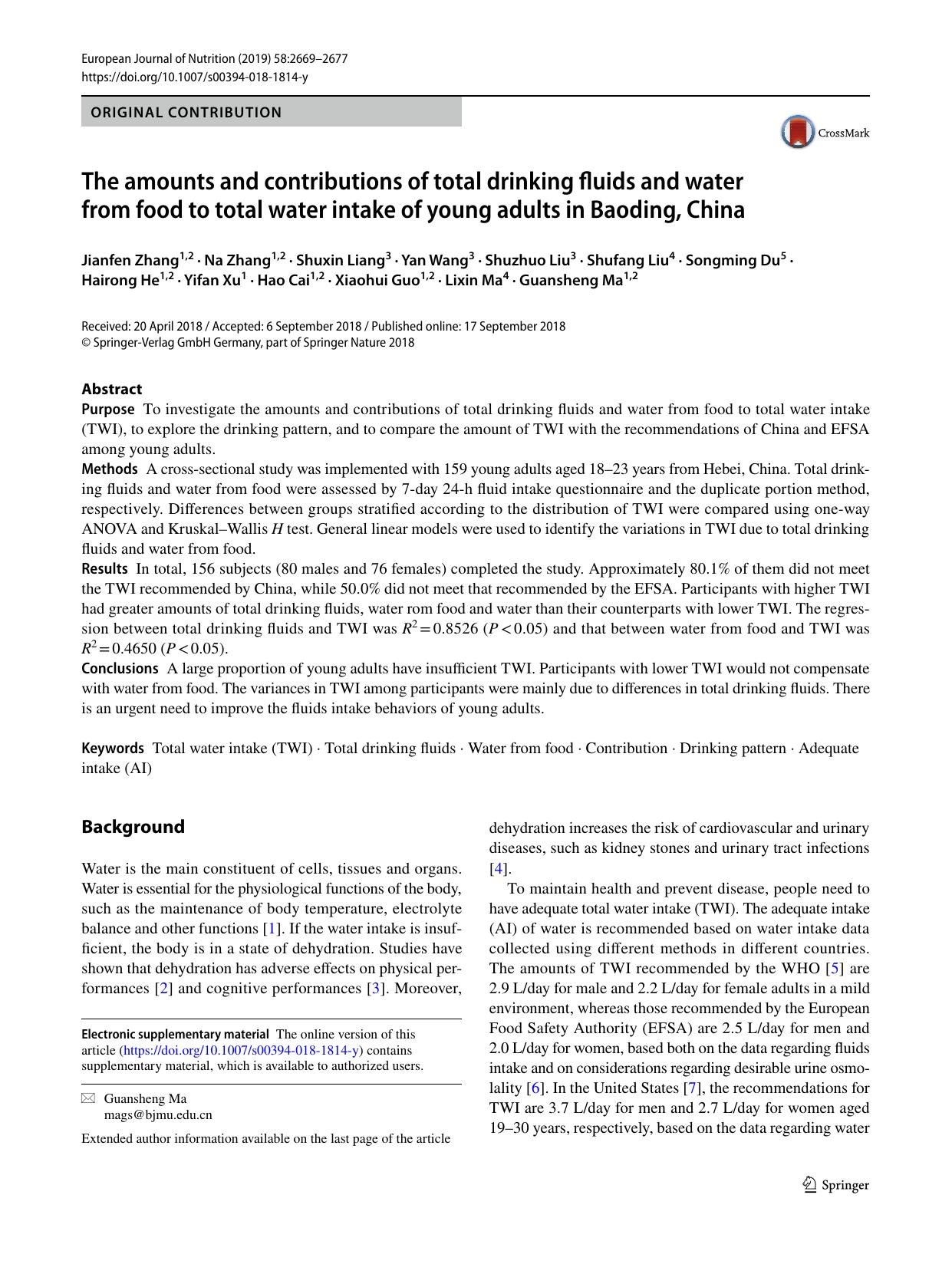 The amounts and contributions of total drinking fluids and water from food to total water intake of young adults in Baoding, China by Jianfen Zhang