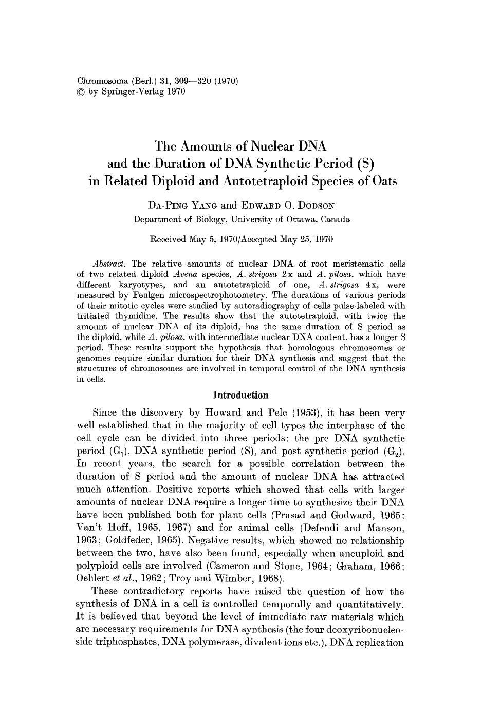 The amounts of nuclear DNA and the duration of DNA synthetic period (S) in related diploid and autotetraploid species of oats by Unknown