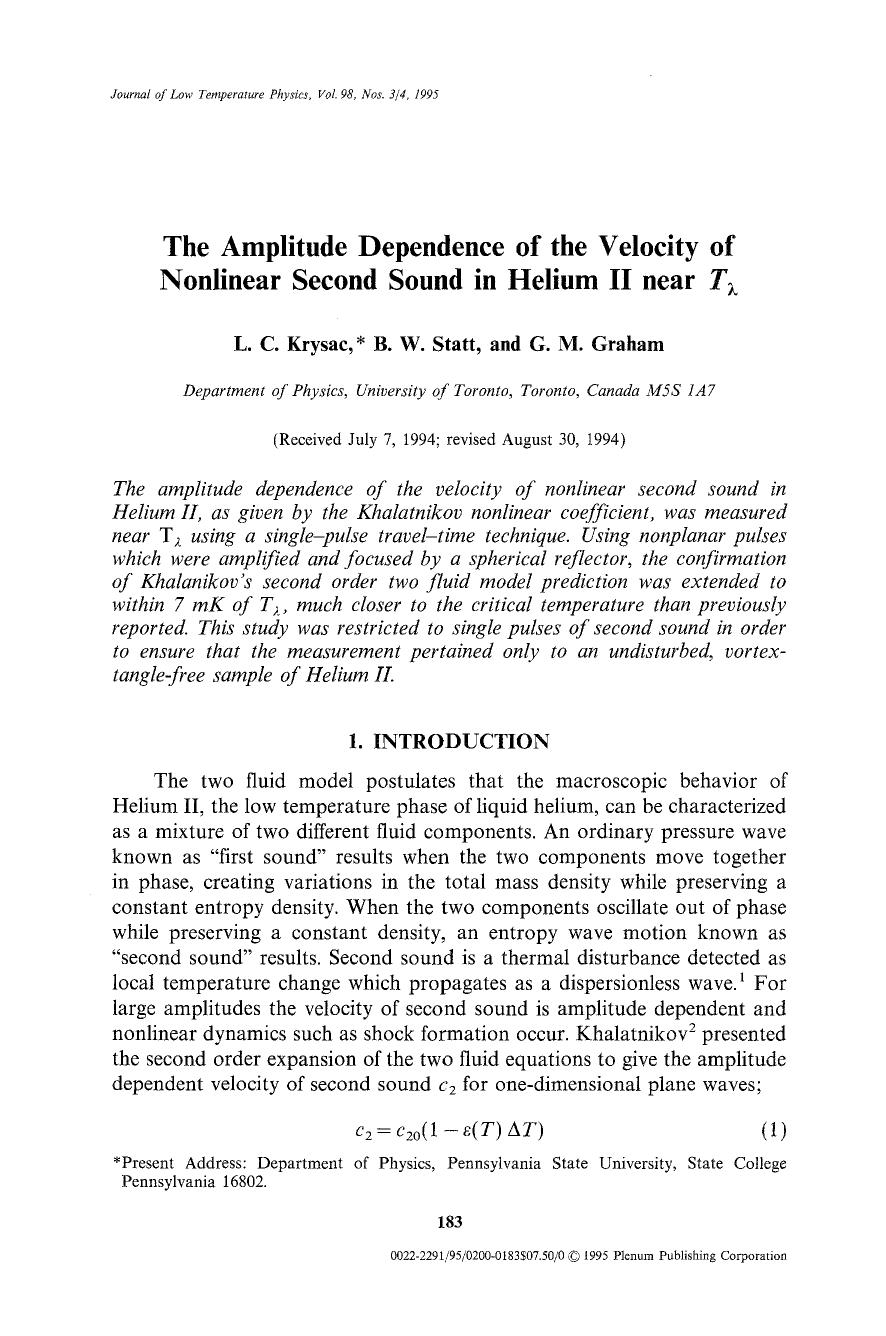The amplitude dependence of the velocity of nonlinear second sound in helium II near <Emphasis Type="Italic">T <Emphasis> <Subscript>&#x03BB; <Subscript> by Unknown