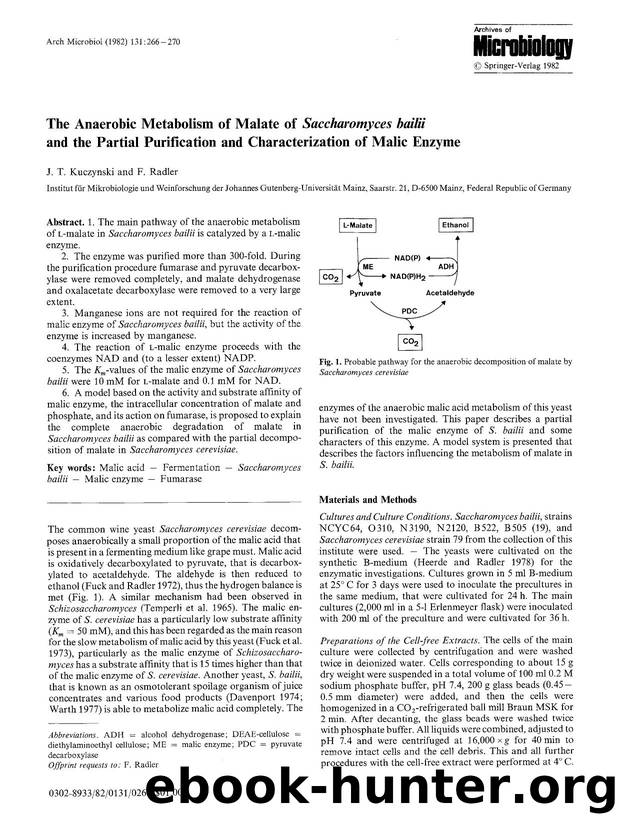 The anaerobic metabolism of malate of <Emphasis Type="Italic">Saccharomyces bailii<Emphasis> and the partial purification and characterization of malic enzyme by Unknown