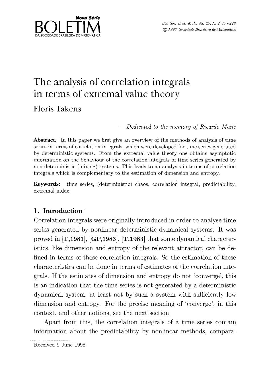 The analysis of correlation integrals in terms of extremal value theory by Unknown