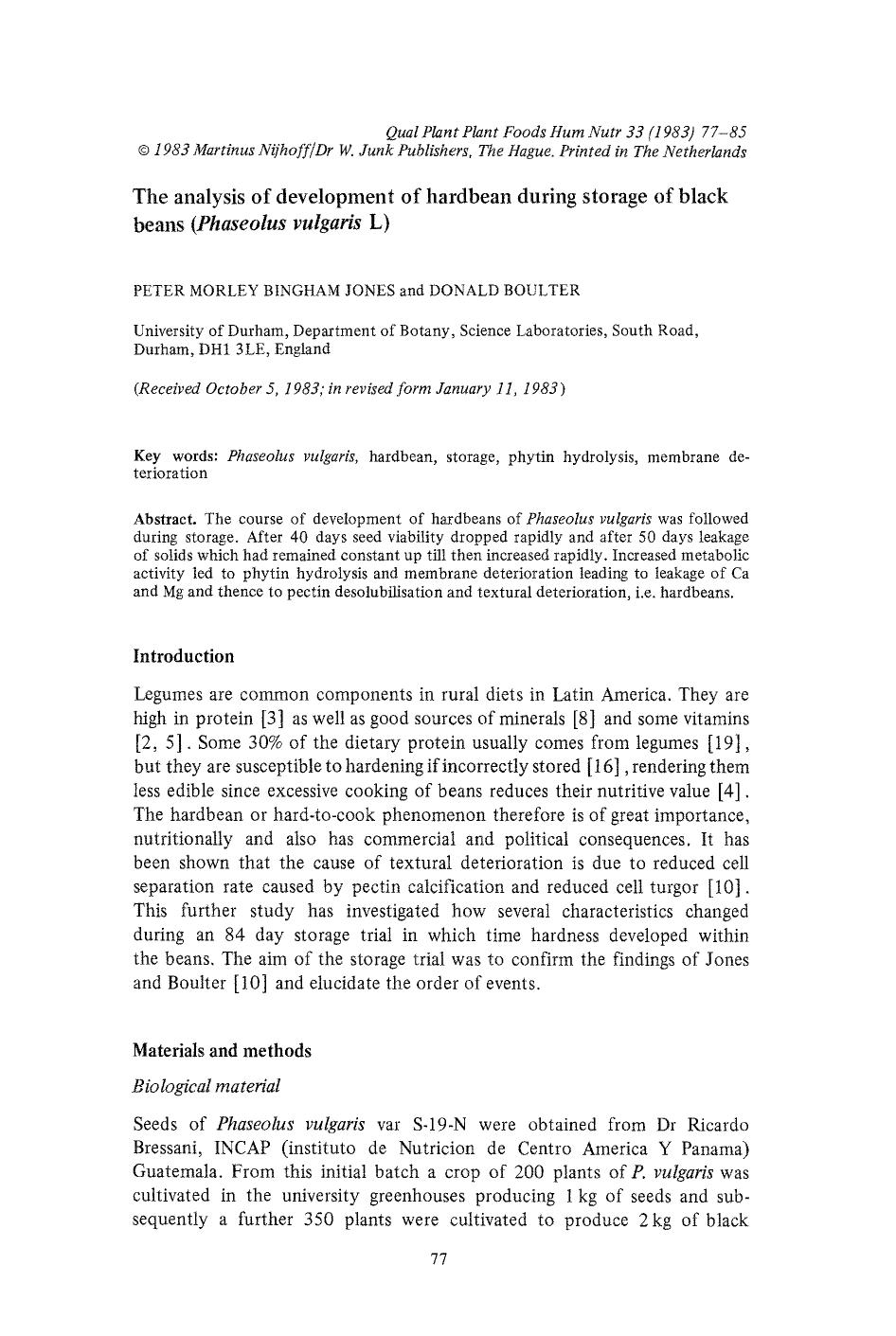The analysis of development of hardbean during storage of black beans ( <Emphasis Type="Italic">Phaseolus vulgaris <Emphasis> L) by Unknown