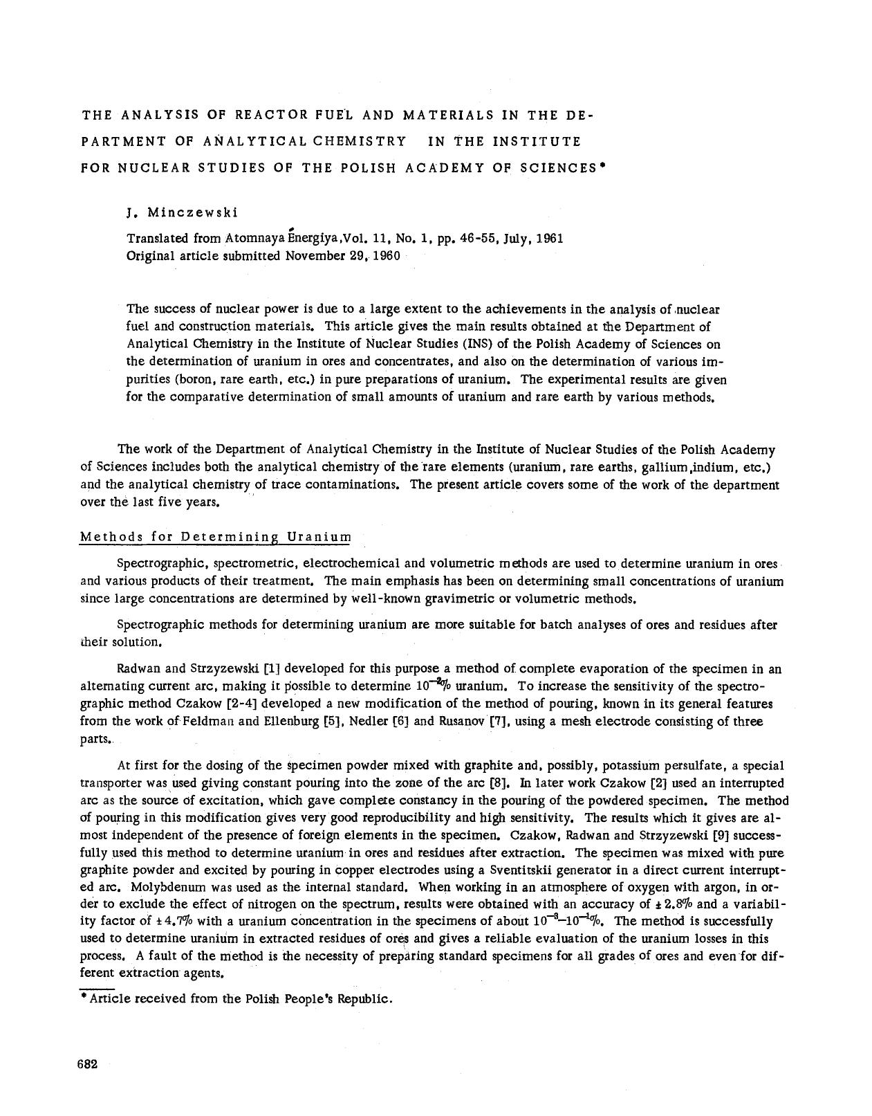 The analysis of reactor fuel and materials in the Department of Analytical Chemistry in the Institute for Nuclear Studies of the Polish Academy of Sciences by Unknown