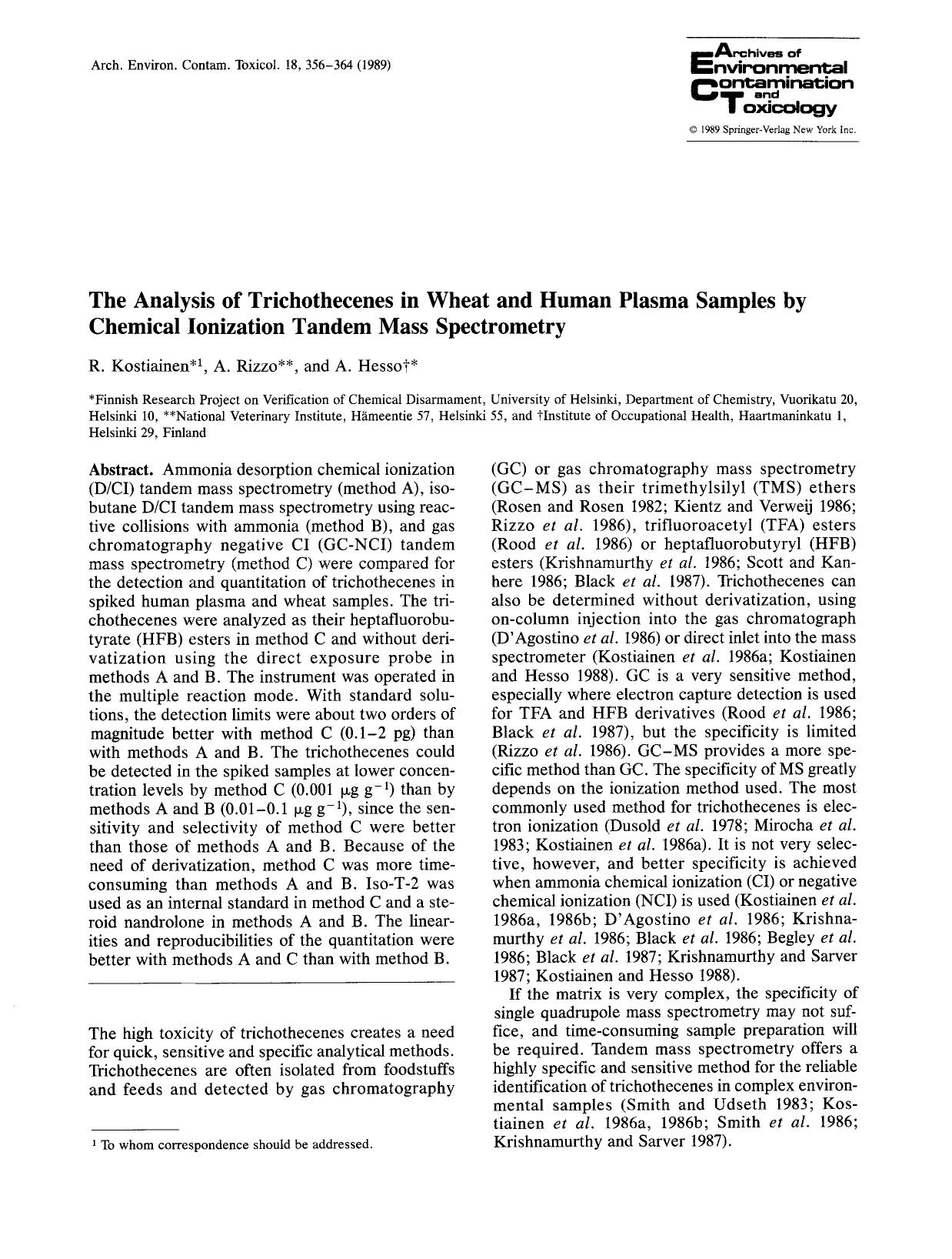 The analysis of trichothecenes in wheat and human plasma samples by chemical ionization tandem mass spectrometry by Unknown