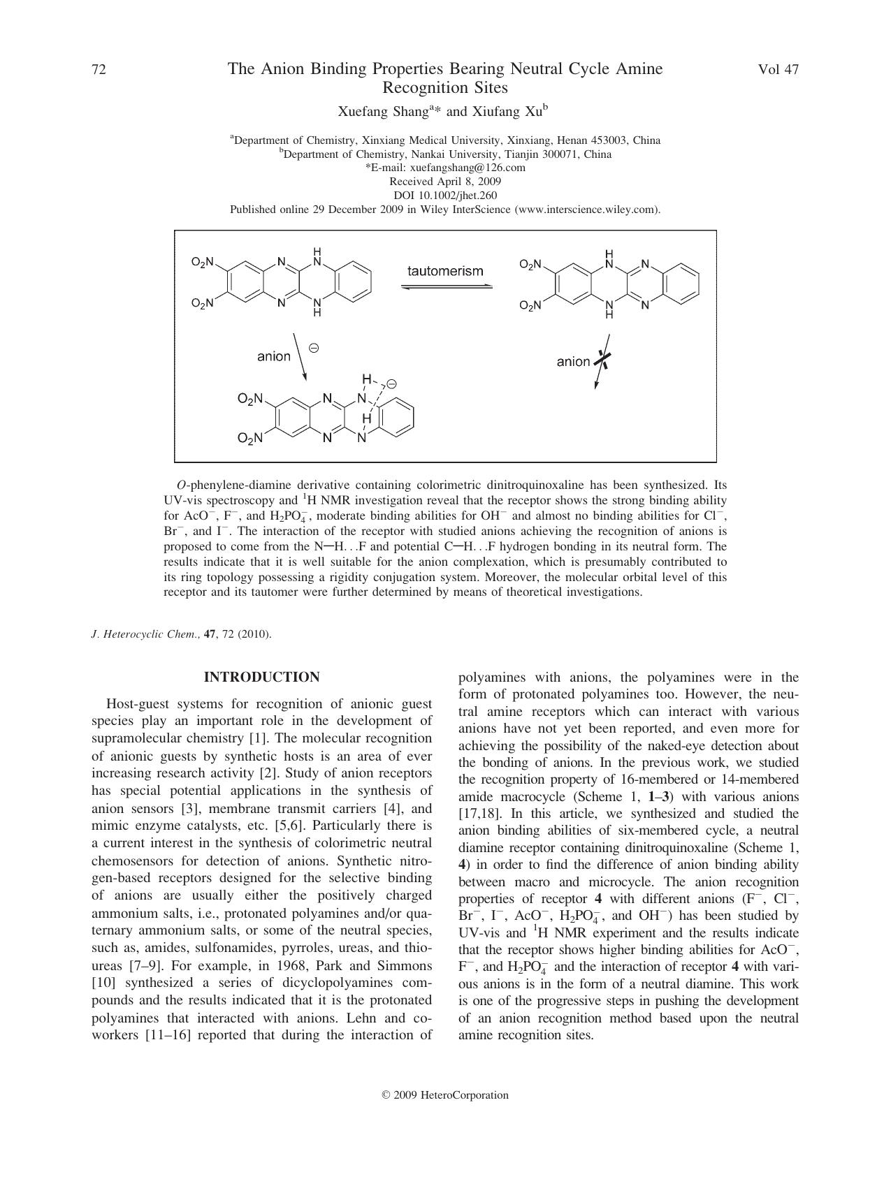 The anion binding properties bearing neutral cycle amine recognition sites by Unknown