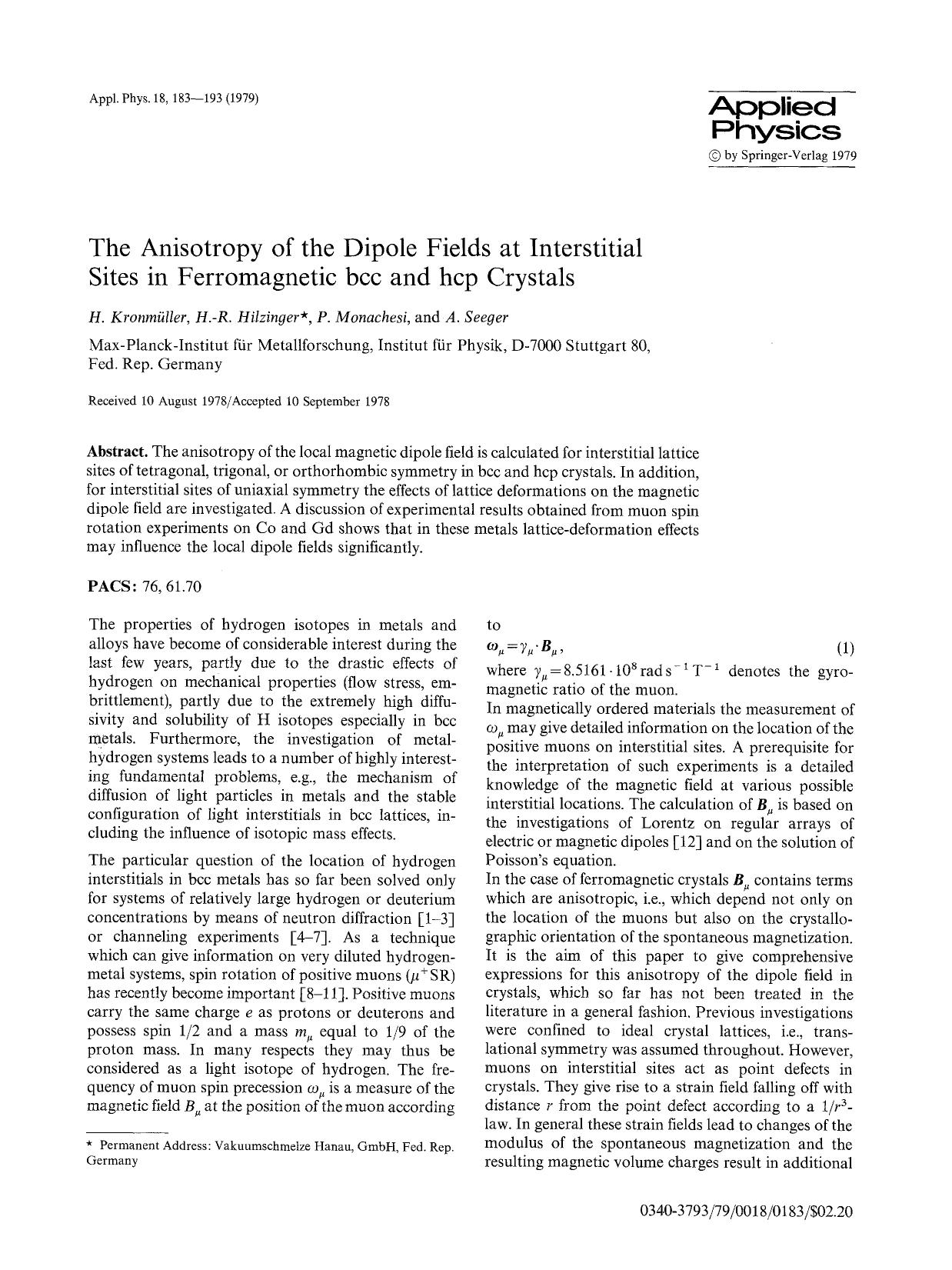 The anisotropy of the dipole fields at interstitial sites in ferromagnetic bcc and hcp crystals by Unknown