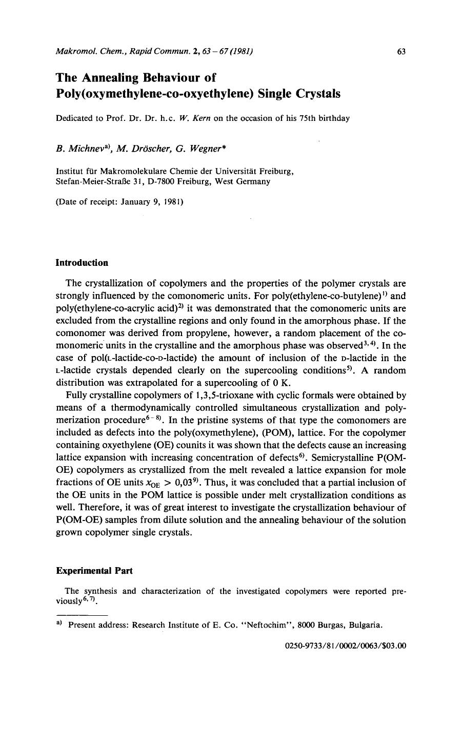 The annealing behaviour of poly(oxymethylene-co-oxyethylene) single crystals by Unknown
