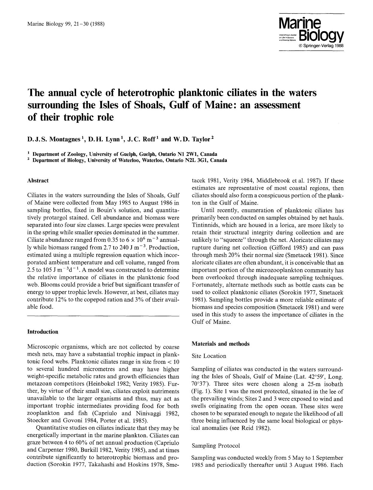 The annual cycle of heterotrophic planktonic ciliates in the waters surrounding the Isles of Shoals, Gulf of Maine: an assessment of their trophic role by Unknown