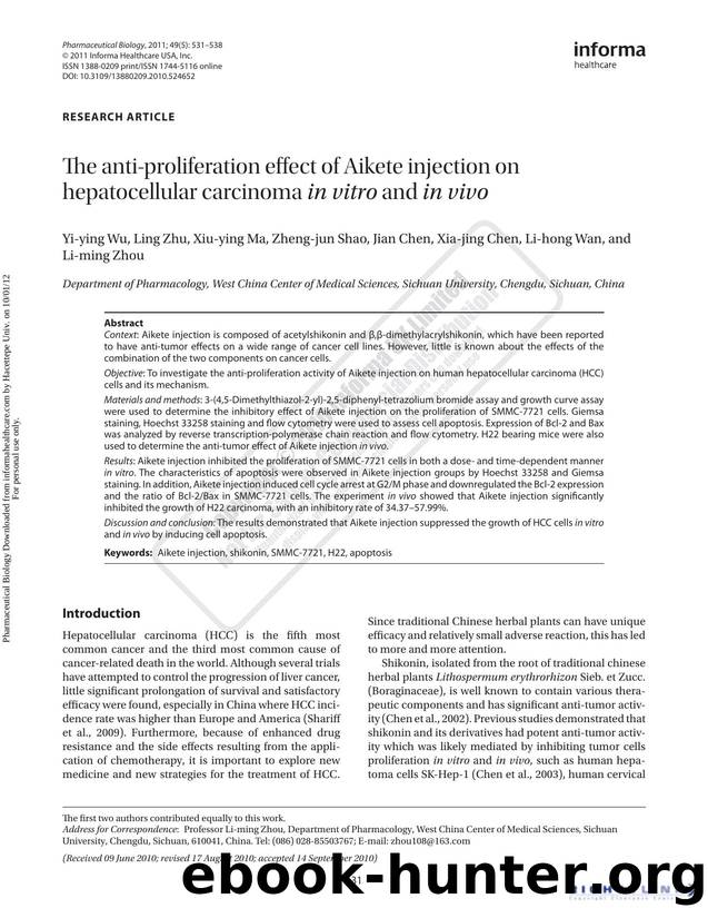 The anti-proliferation effect of Aikete injection on hepatocellular carcinoma in vitro and in vivo by unknow