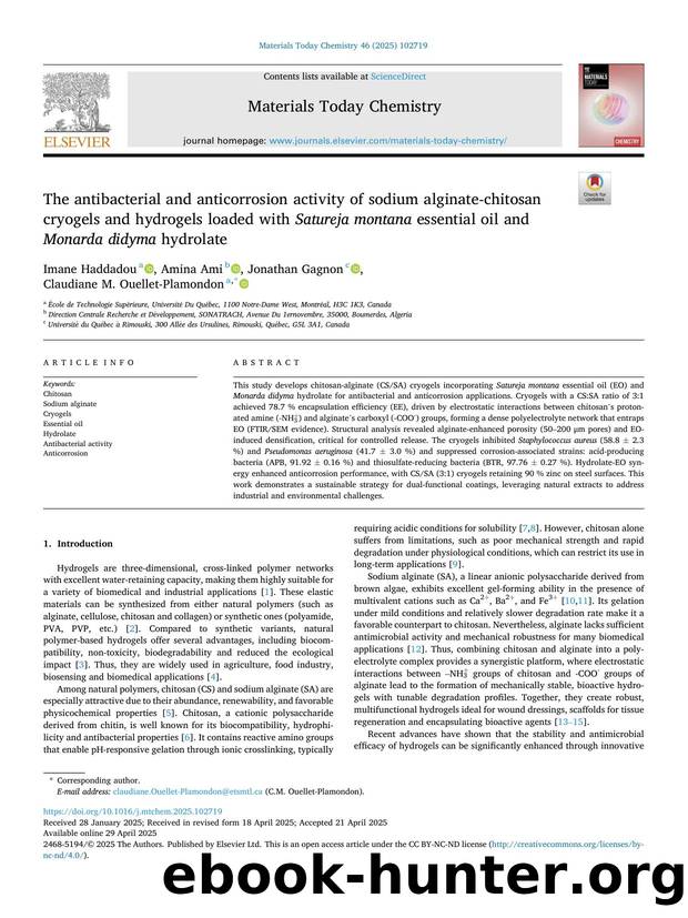 The antibacterial and anticorrosion activity of sodium alginate-chitosan cryogels and hydrogels loaded with Satureja montana essential oil and Monarda didyma hydrolate by Imane Haddadou & Amina Ami & Jonathan Gagnon & Claudiane M. Ouellet-Plamondon
