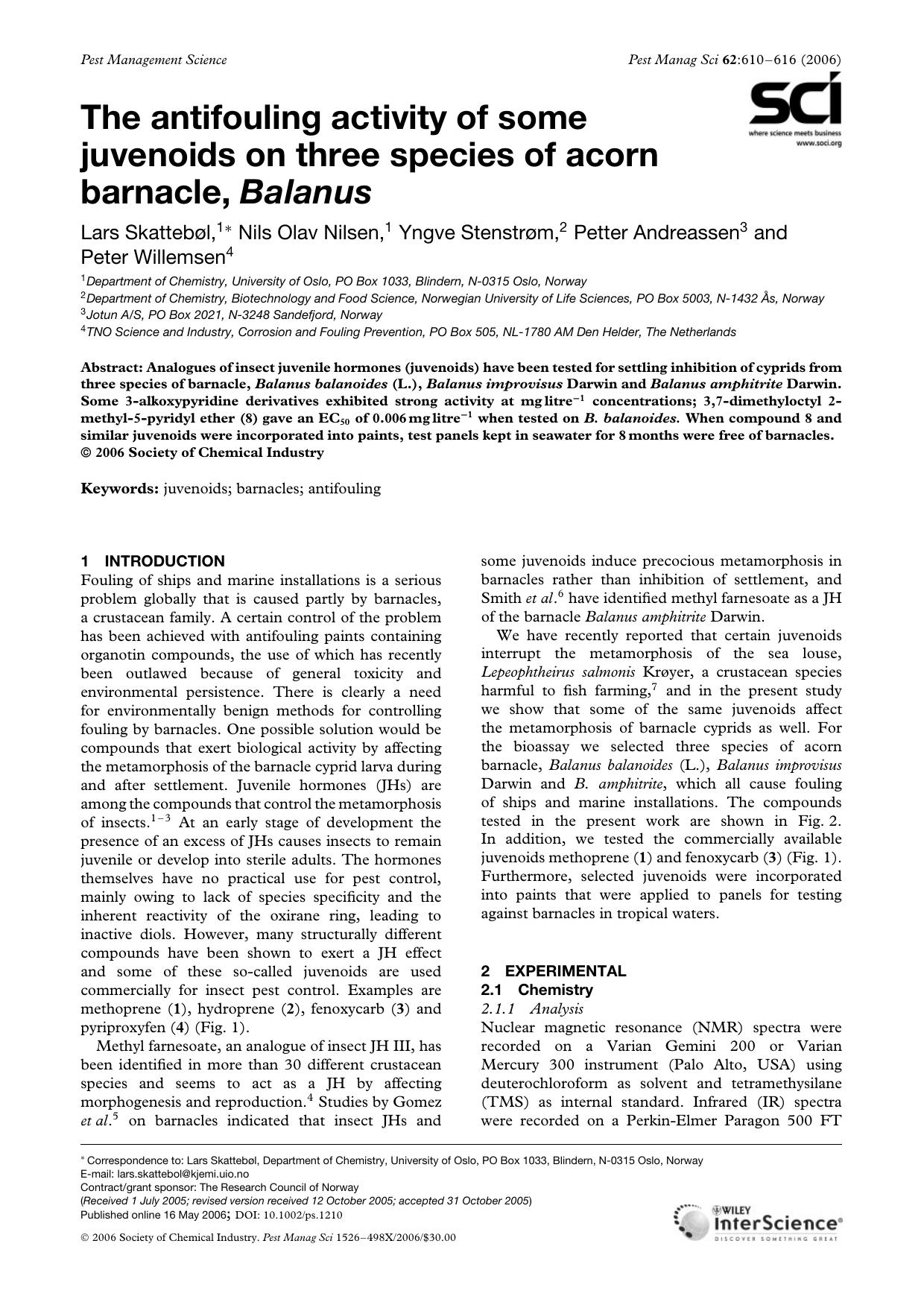 The antifouling activity of some juvenoids on three species of acorn barnacle, Balanus by Unknown