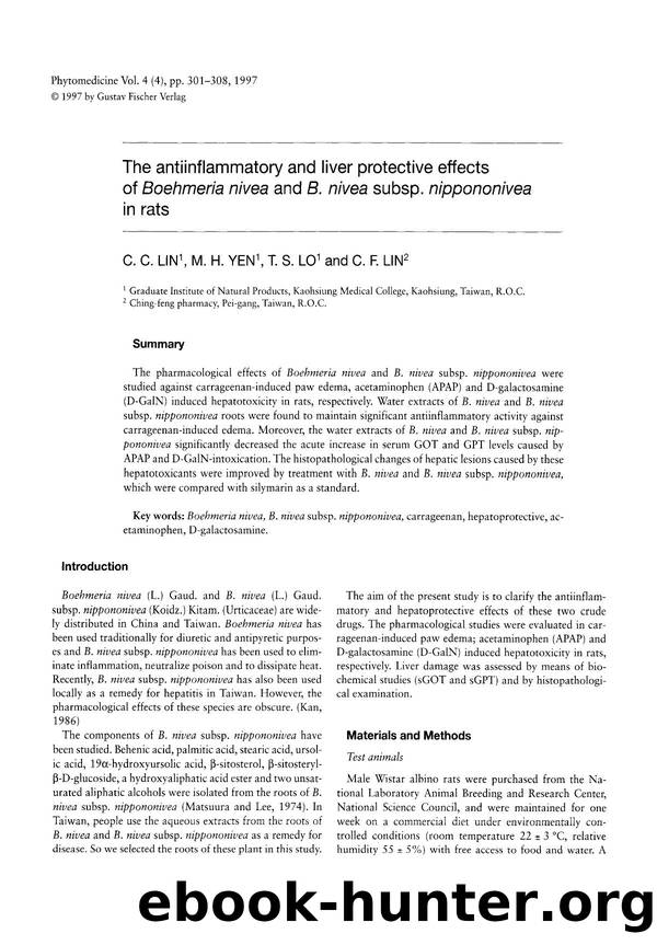 The antiinflammatory and liver protective effects of Boehmeria nivea and B. nivea subsp. nippononivea in rats by C.C. Lin & M.H. Yen & T.S. Lo & C.F. Lin