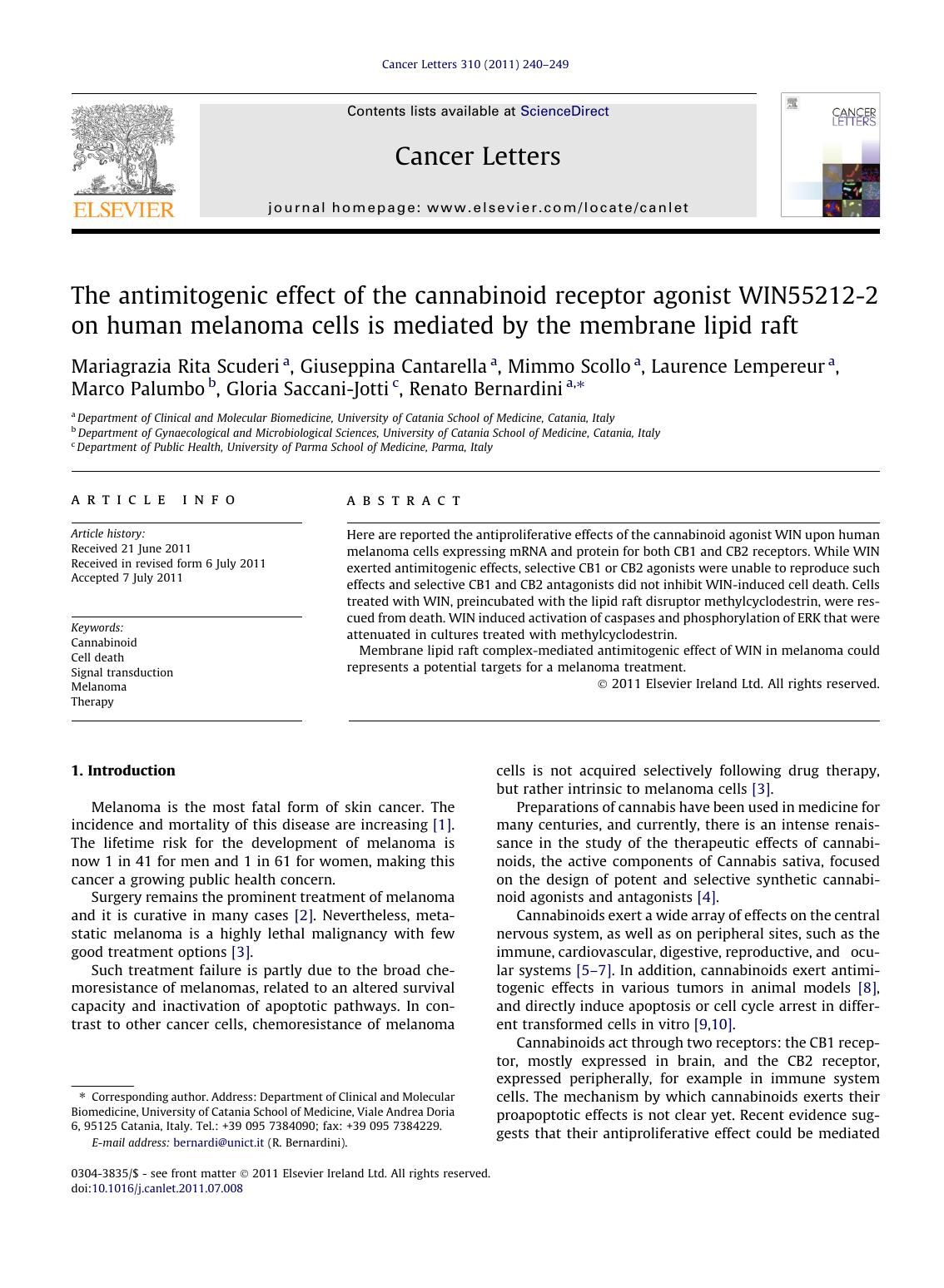 The antimitogenic effect of the cannabinoid receptor agonist WIN55212-2 on human melanoma cells is mediated by the membrane lipid raft by unknow