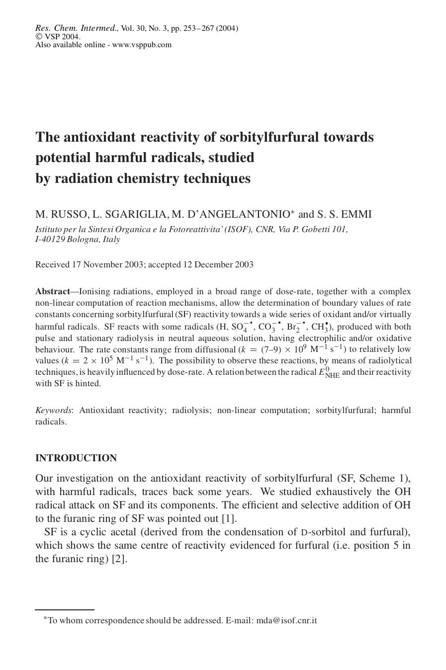 The antioxidant reactivity of sorbitylfurfural towards potential harmful radicals, studied by radiation chemistry techniques by Unknown