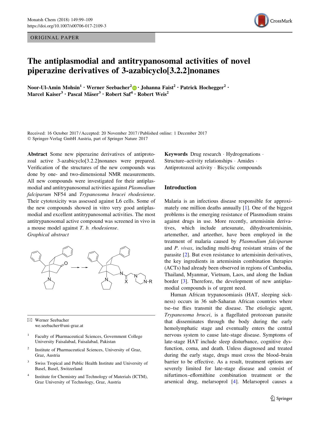 The antiplasmodial and antitrypanosomal activities of novel piperazine derivatives of 3-azabicyclo[3.2.2]nonanes by unknow