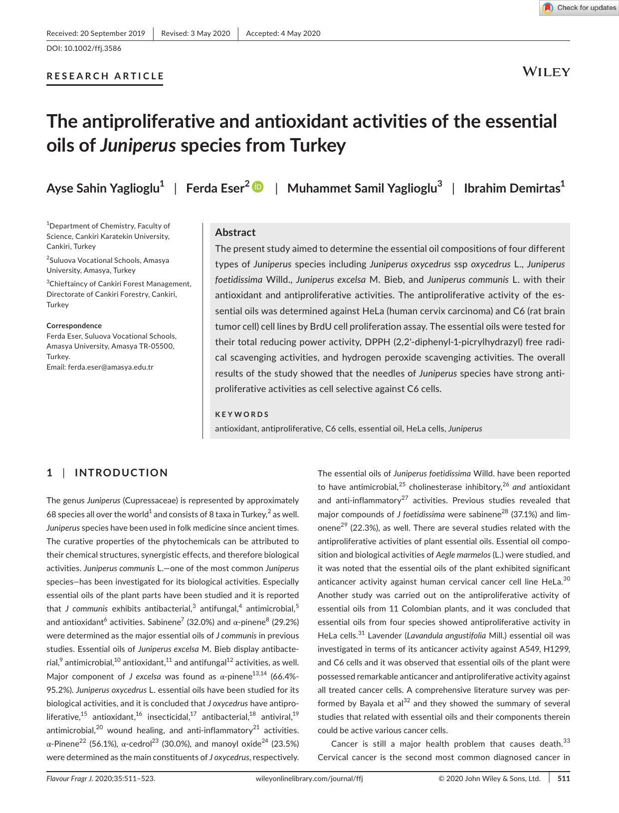 The antiproliferative and antioxidant activities of the essential oils of Juniperus species from Turkey by Unknown
