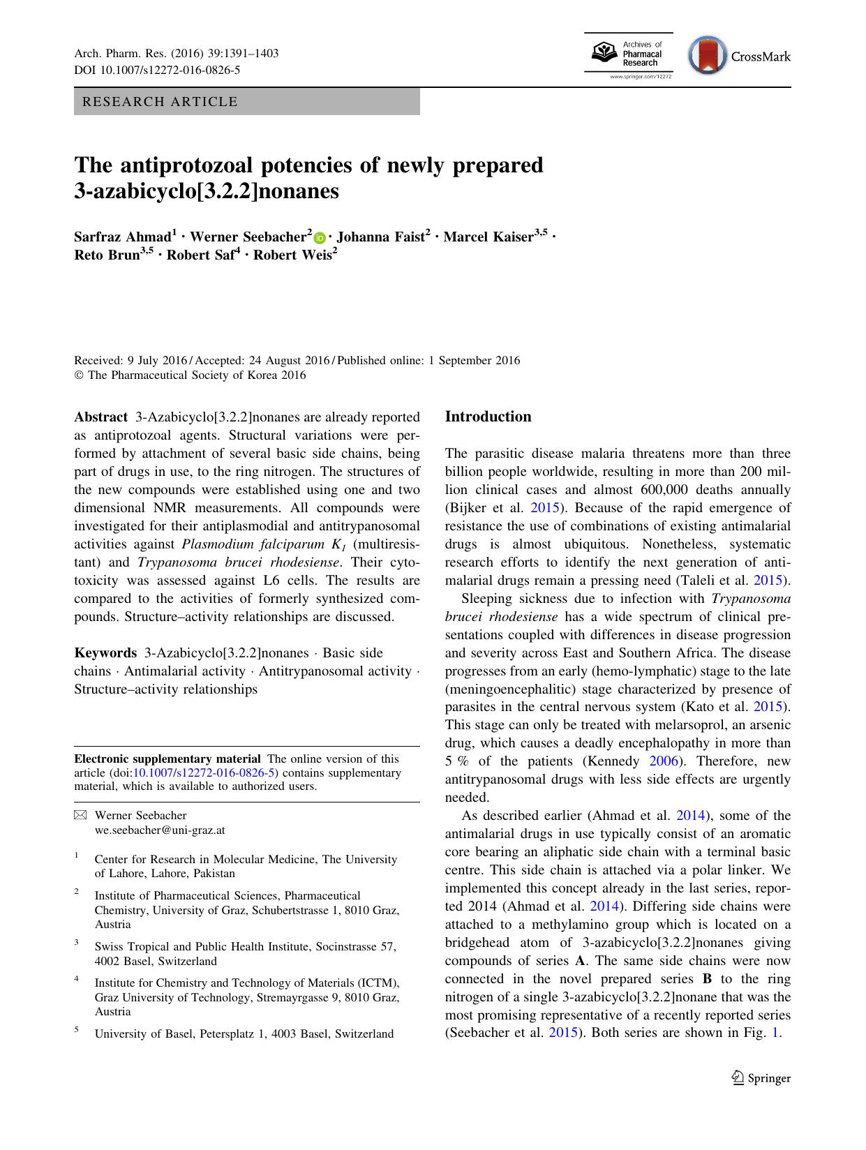 The antiprotozoal potencies of newly prepared 3-azabicyclo[3.2.2]nonanes by unknow
