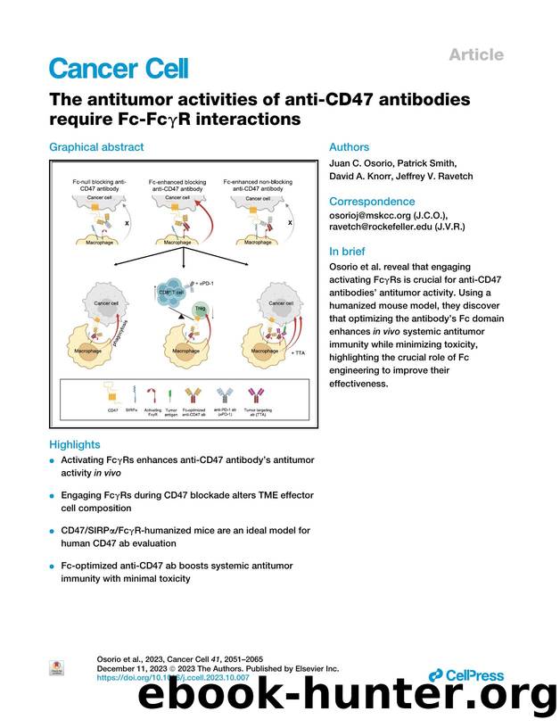 The antitumor activities of anti-CD47 antibodies require Fc-Fc&gamma;R interactions by Juan C. Osorio & Patrick Smith & David A. Knorr & Jeffrey V. Ravetch