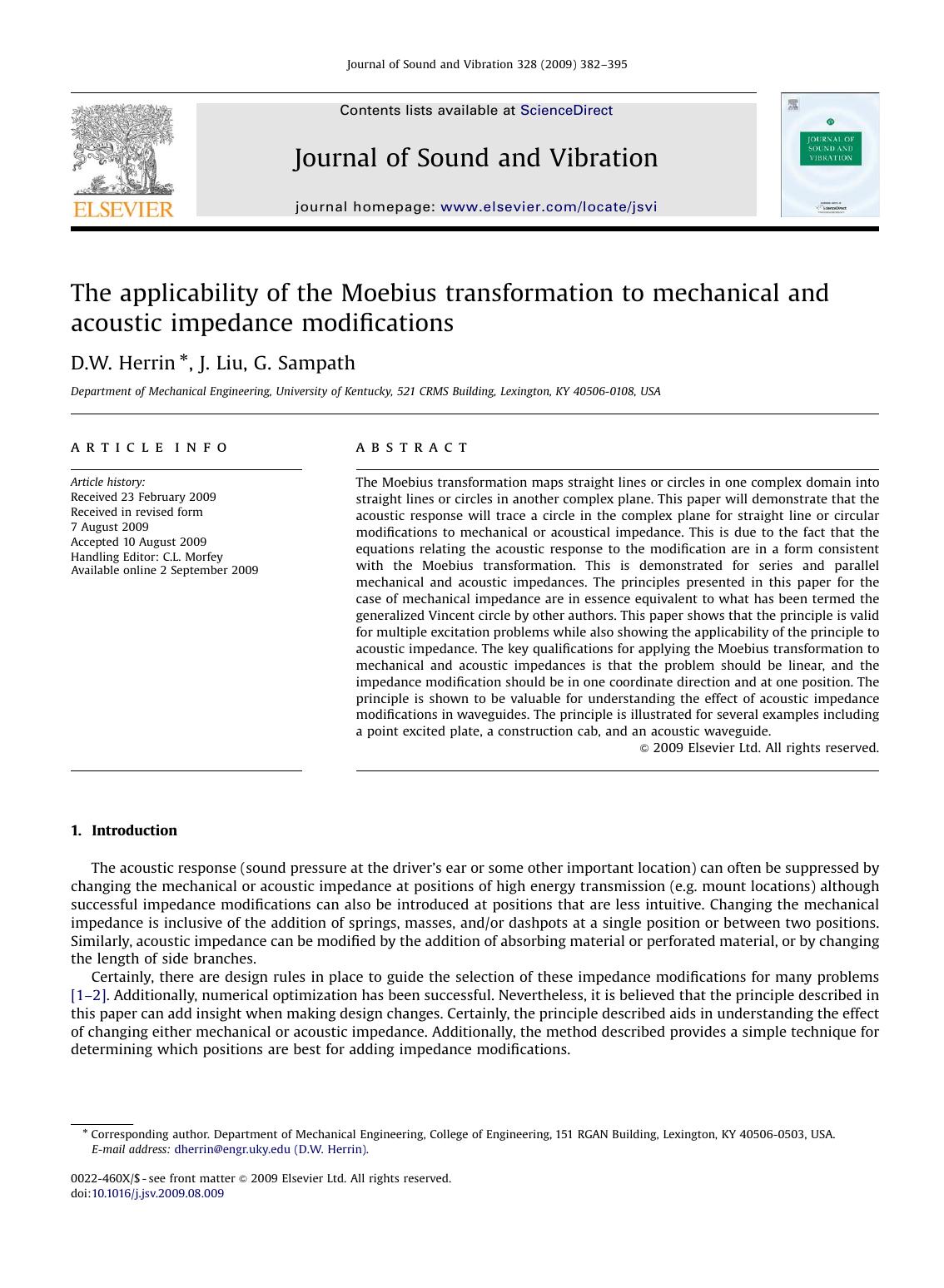 The applicability of the Moebius transformation to mechanical and acoustic impedance modifications by D.W. Herrin; J. Liu; G. Sampath