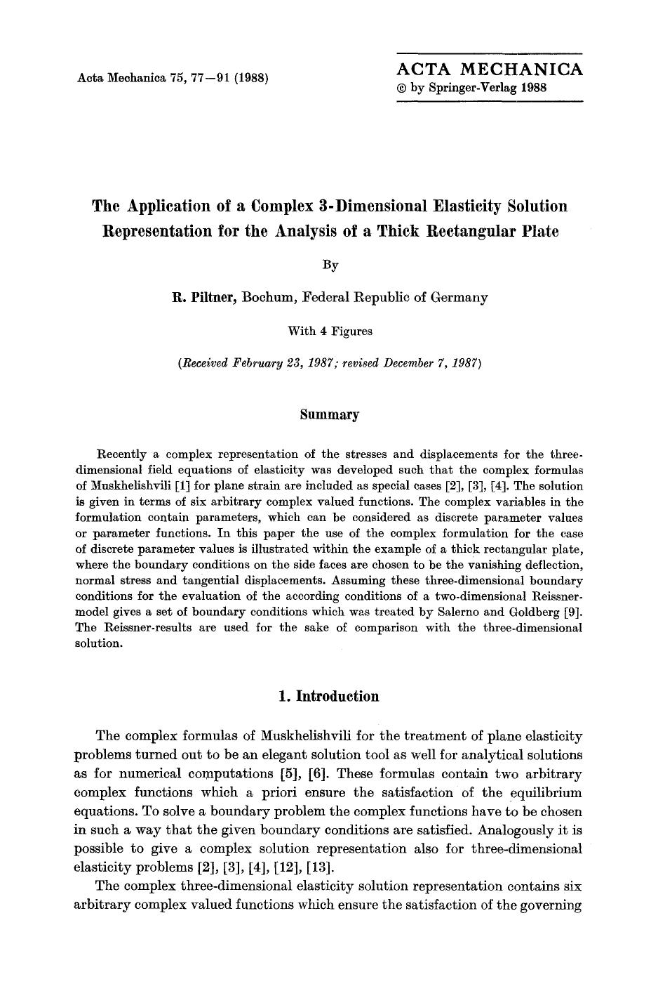The application of a complex 3-dimensional elasticity solution representation for the analysis of a thick rectangular plate by Unknown