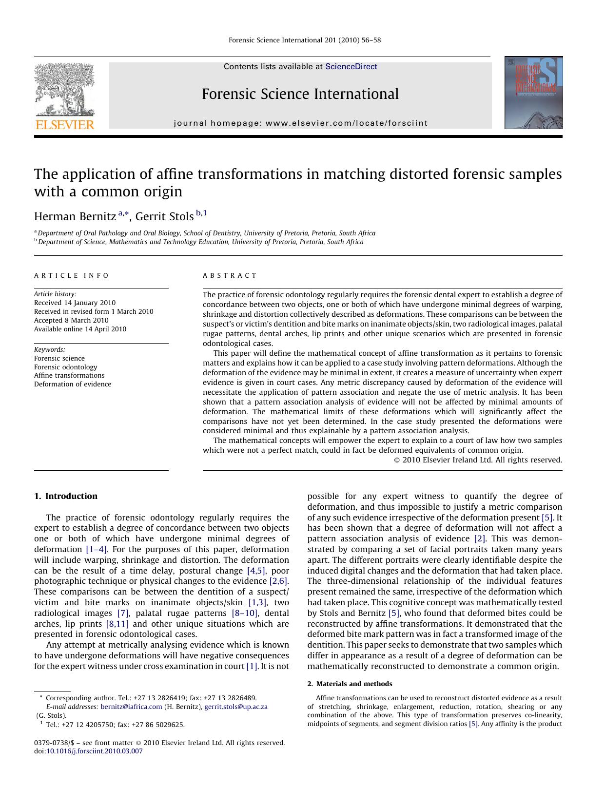The application of affine transformations in matching distorted forensic samples with a common origin by Herman Bernitz