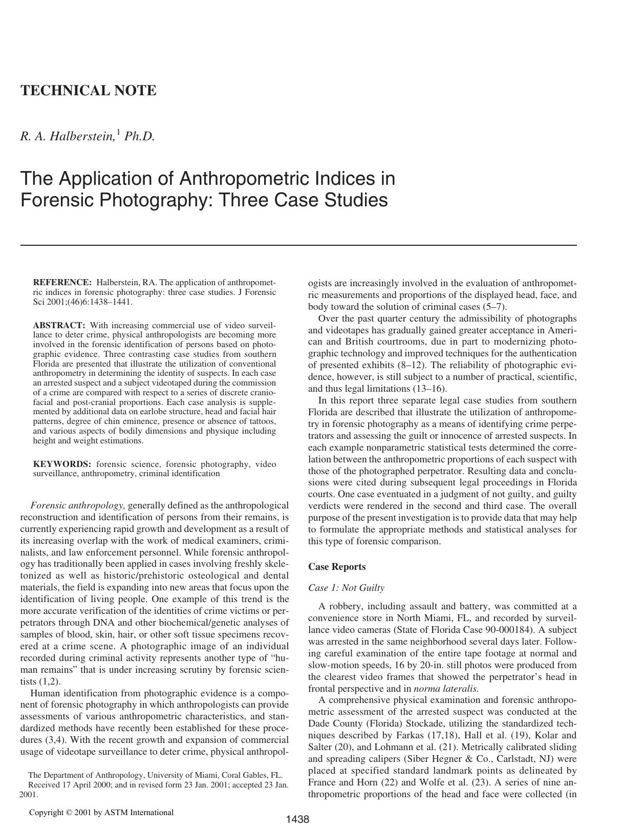 The application of anthropometric indices in forensic photography: three case studies by Halberstein RA