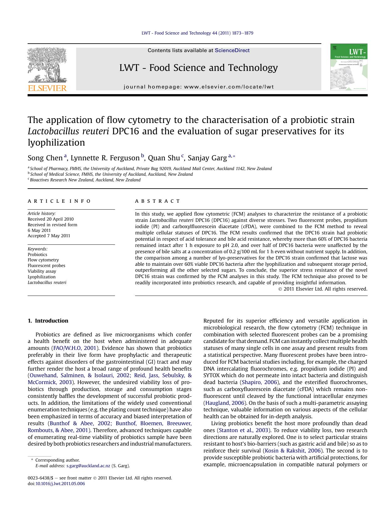 The application of flow cytometry to the characterisation of a probiotic strain Lactobacillus reuteri DPC16 and the evaluation of sugar preservatives for its lyophilization by Song Chen & Lynnette R. Ferguson & Quan Shu & Sanjay Garg