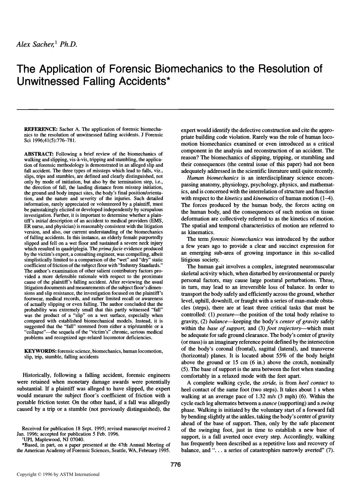 The application of forensic biomechanics to the resolution of unwitnessed falling accidents by Sacher A