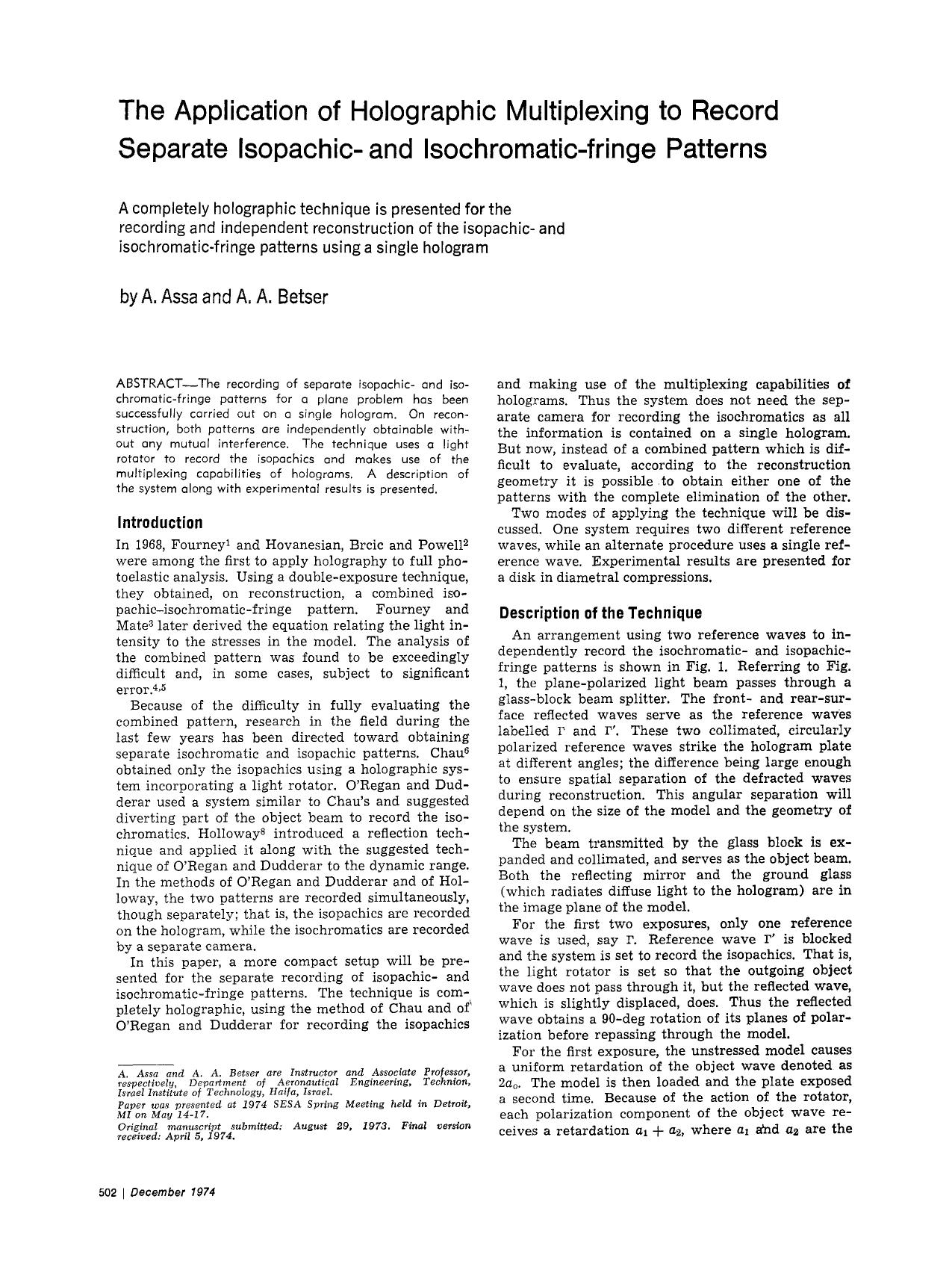 The application of holographic multiplexing to record separate isopachic- and isochromatic-fringe patterns by Unknown