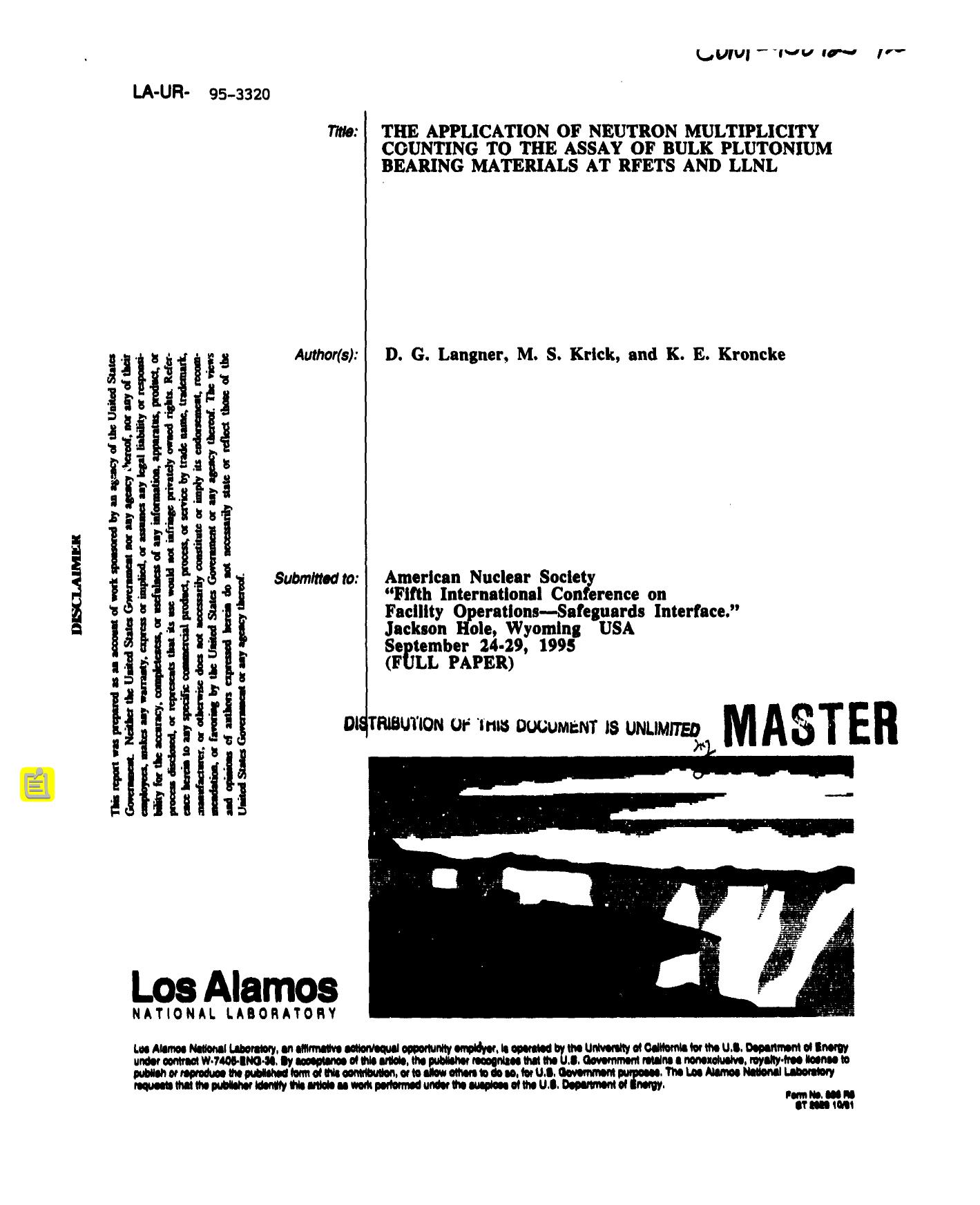 The application of neutron multiplicity counting to the assay of bulk plutonium bearing materials at RFETS and LLNL None by LANL Research Library LWW Project