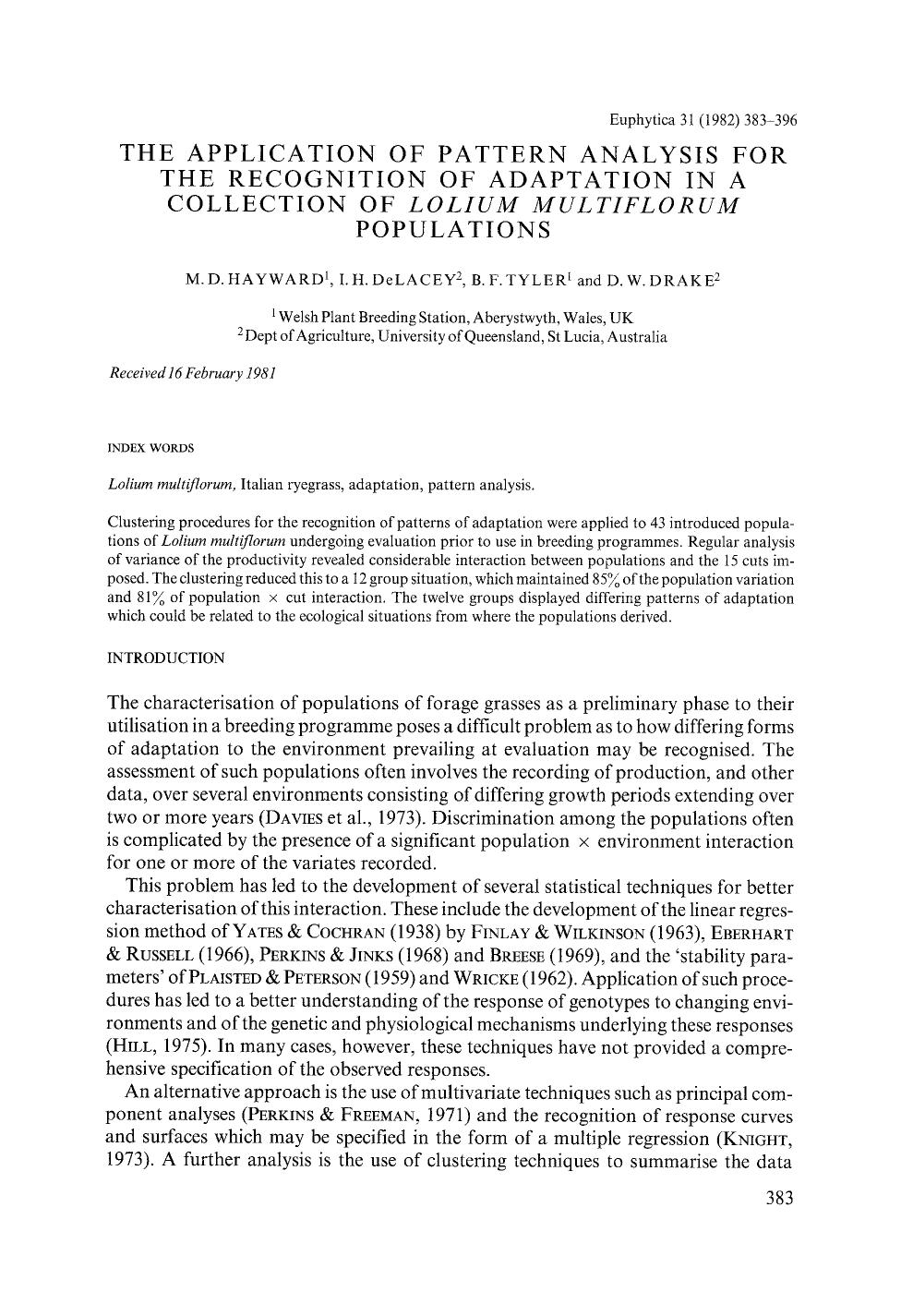 The application of pattern analysis for the recognition of adaptation in a collection of <Emphasis Type="Italic">Lolium multiflorum<Emphasis> populations by Unknown