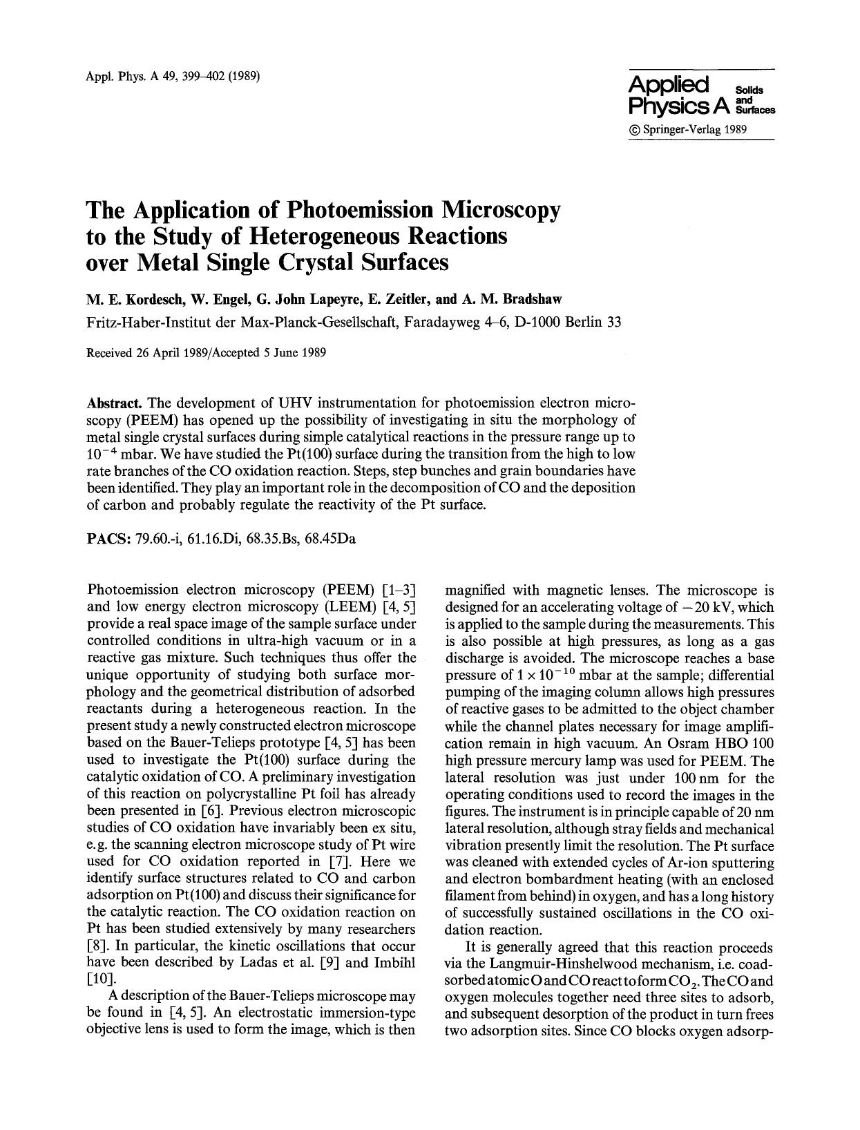 The application of photoemission microscopy to the study of heterogeneous reactions over metal single crystal surfaces by Unknown
