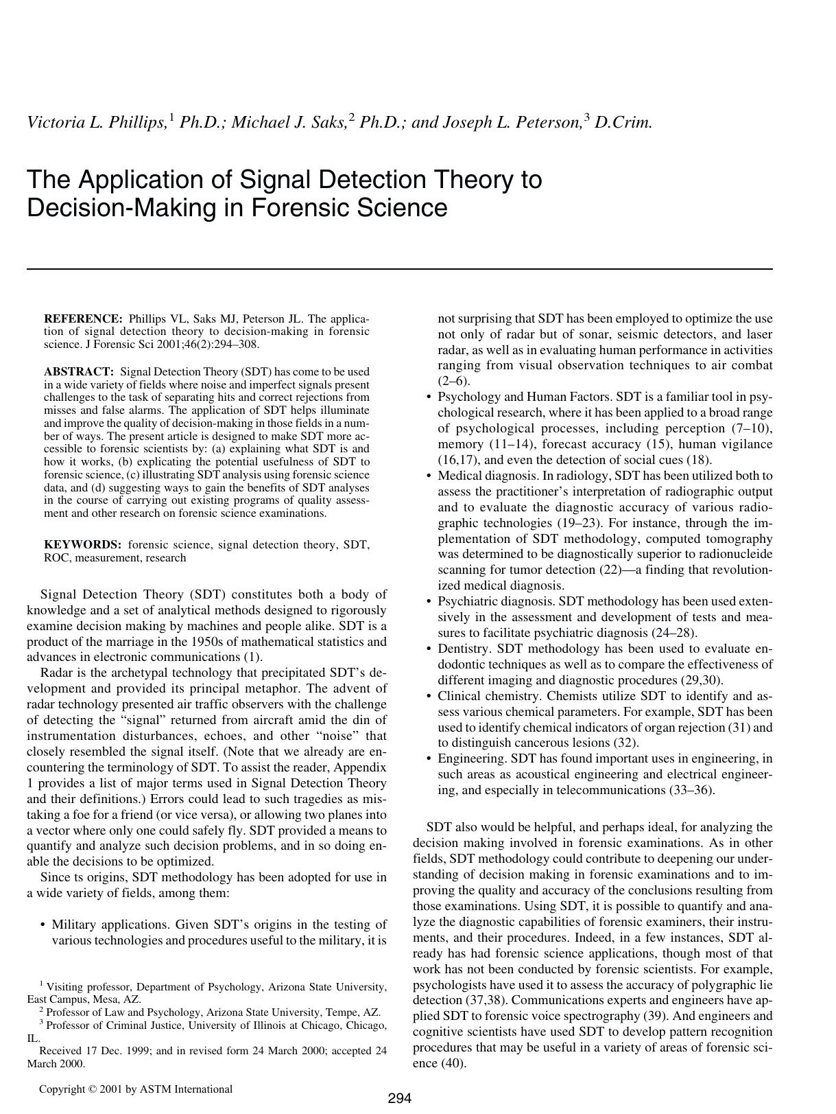The application of signal detection theory to decision-making in forensic science by Phillips VL Saks MJ Peterson JL