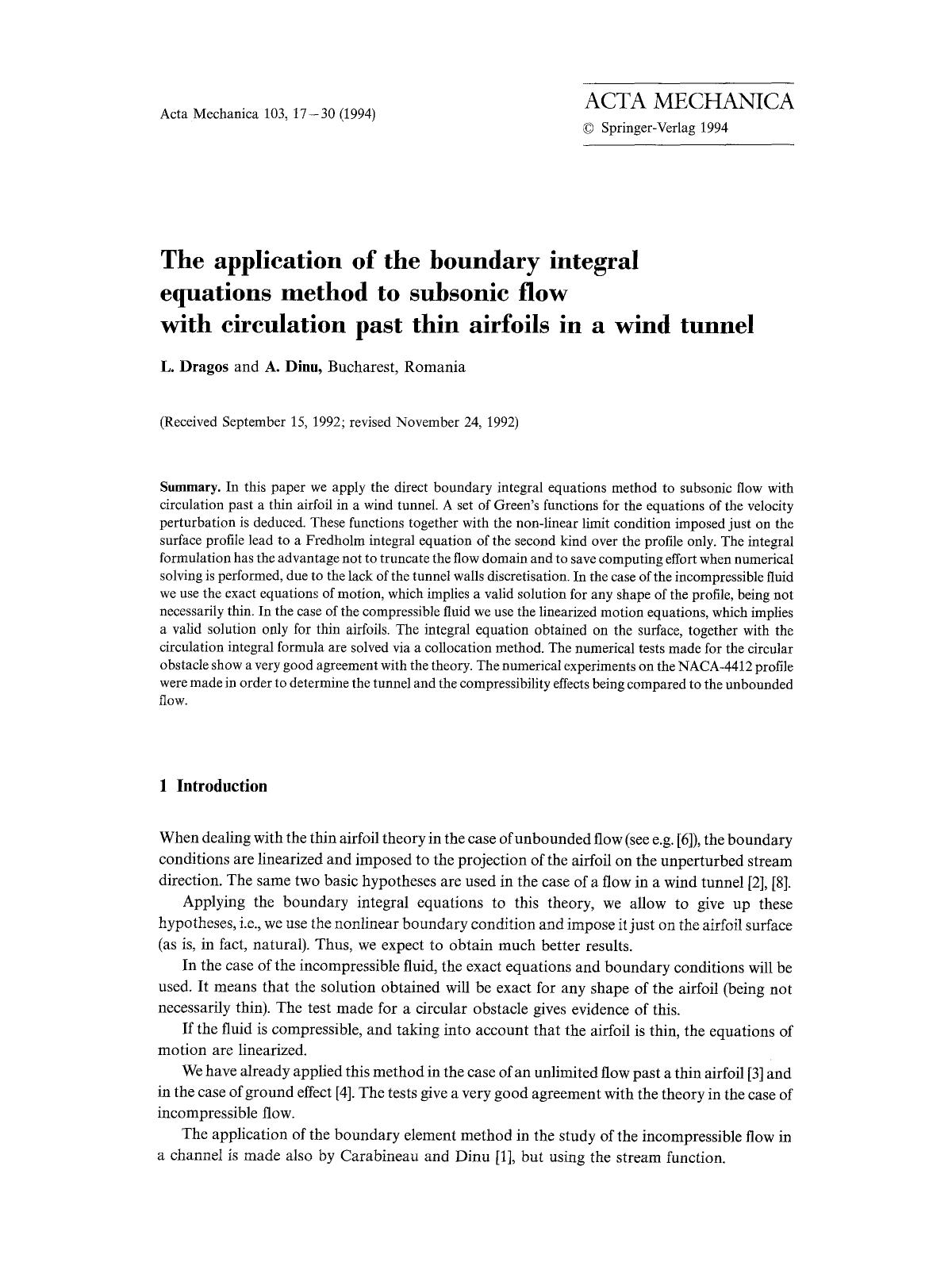 The application of the boundary integral equations method to subsonic flow with circulation past thin airfoils in a wind tunnel by Unknown