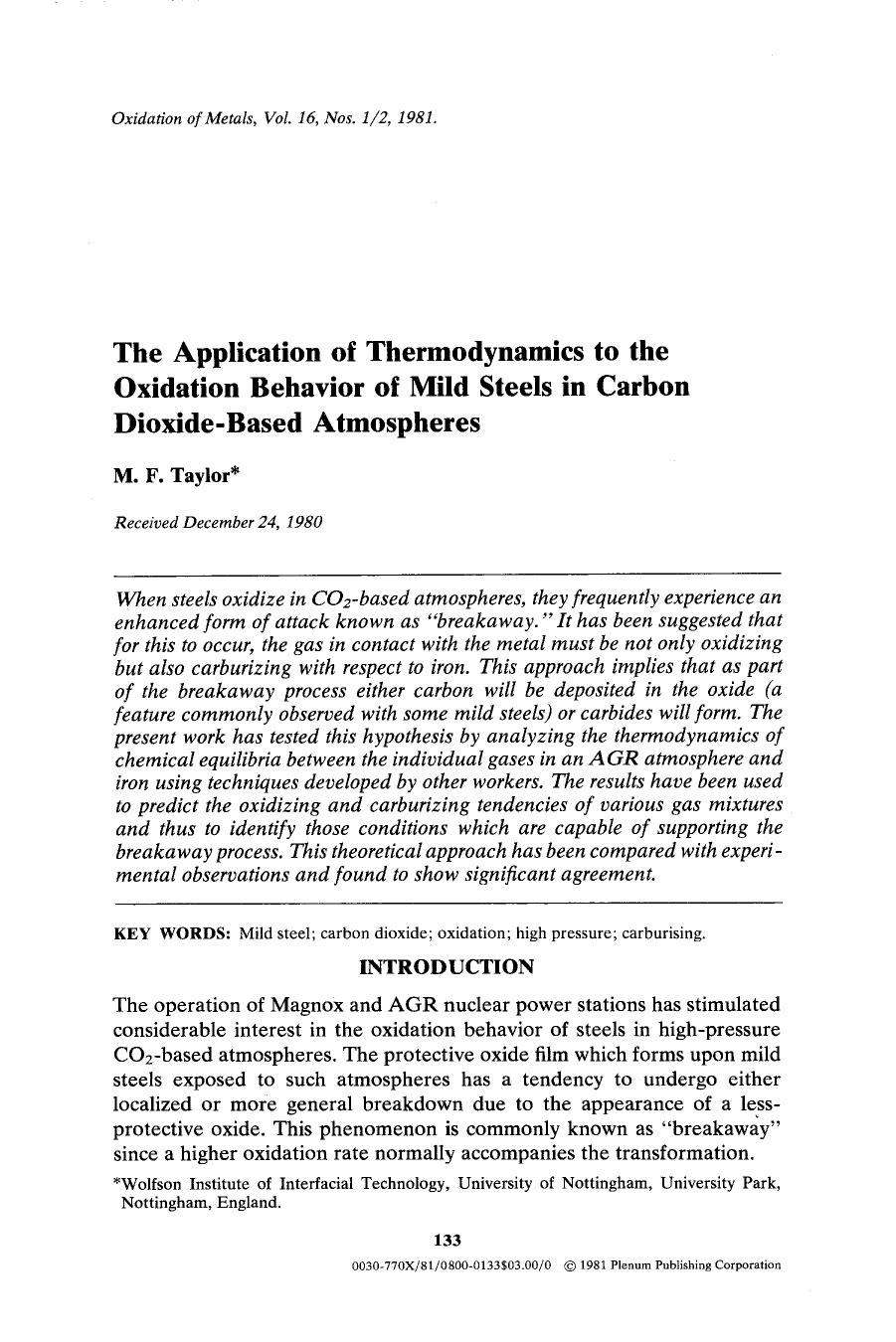 The application of thermodynamics to the oxidation behavior of mild steels in carbon dioxide-based atmospheres by Unknown
