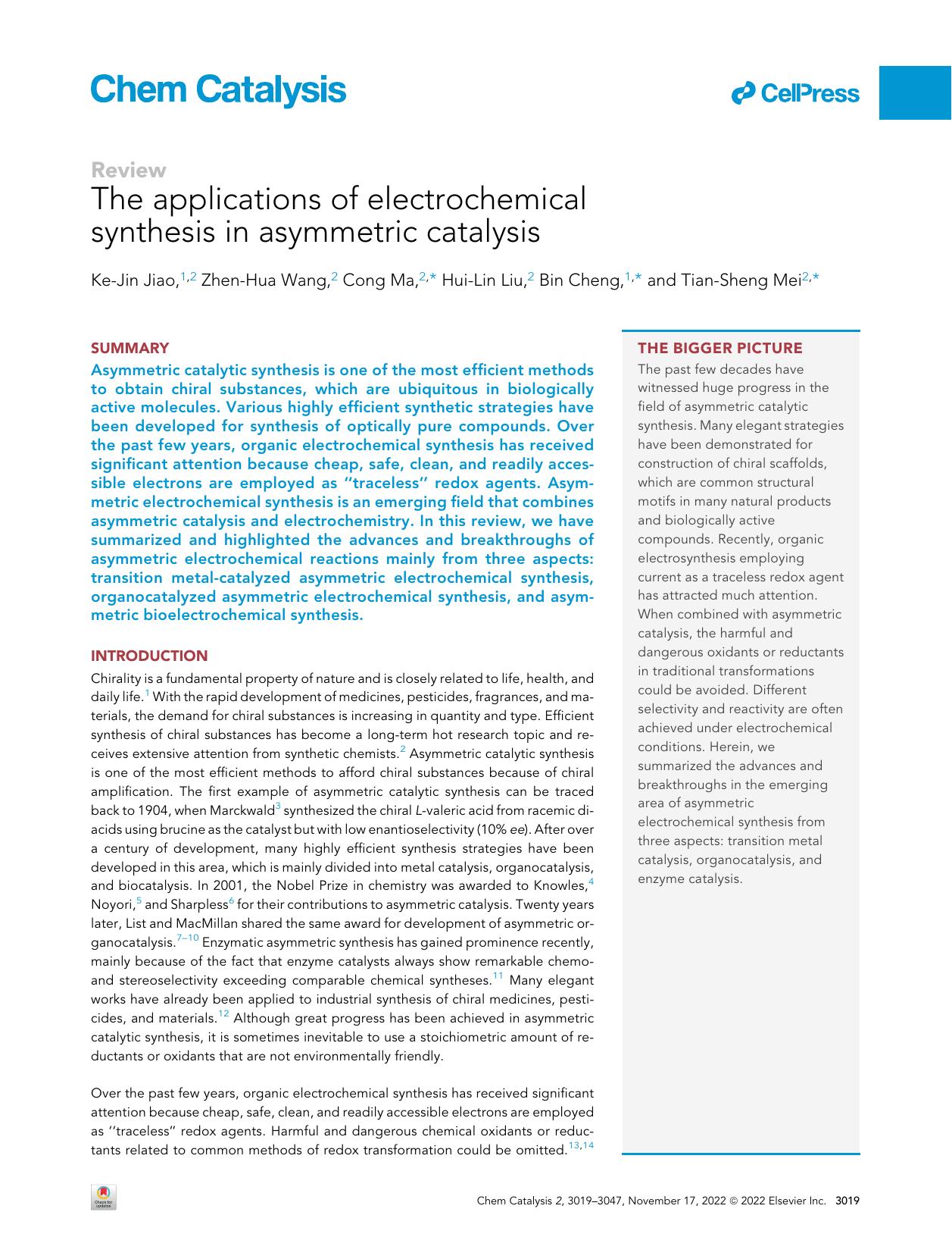 The applications of electrochemical synthesis in asymmetric catalysis by Ke-Jin Jiao & Zhen-Hua Wang & Cong Ma & Hui-Lin Liu & Bin Cheng & Tian-Sheng Mei