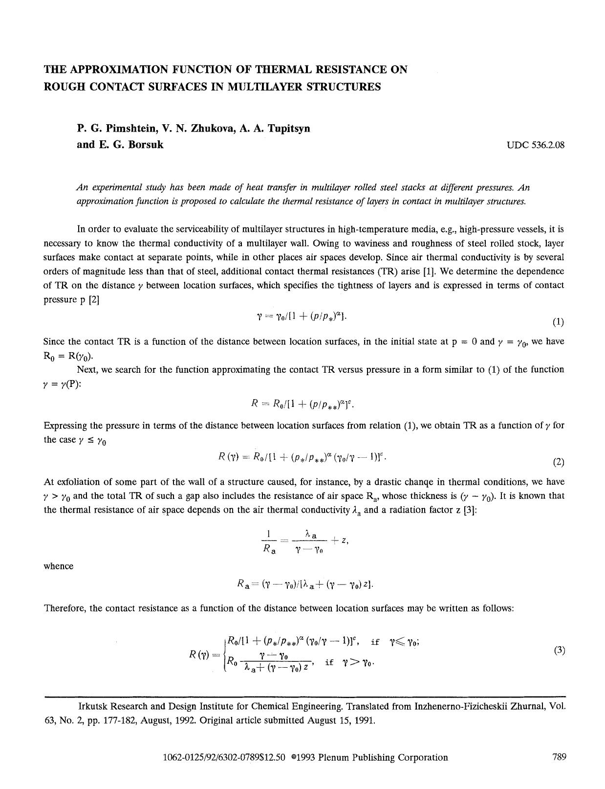 The approximation function of thermal resistance on rough contact surfaces in multilayer structures by Unknown