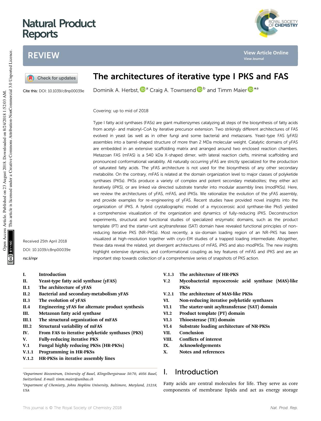 The architectures of iterative type I PKS and FAS by Dominik A. Herbst & Craig A. Townsend & Timm Maier