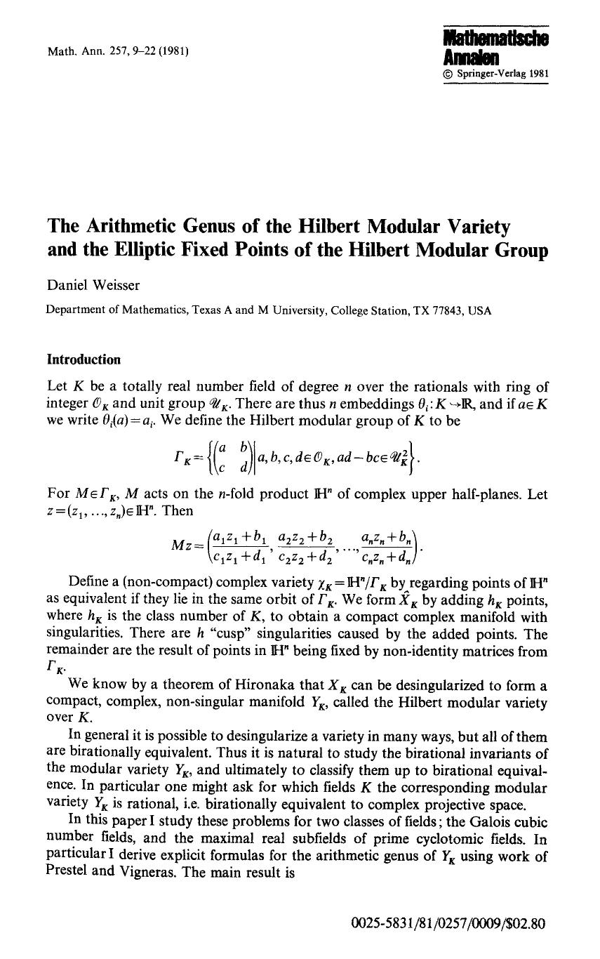 The arithmetic genus of the Hilbert modular variety and the elliptic fixed points of the Hilbert modular group by Unknown
