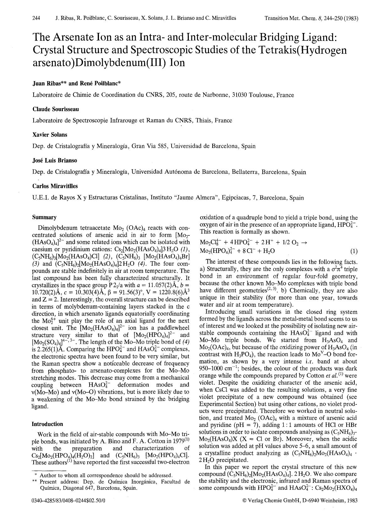 The arsenate ion as an intra- and inter-molecular bridging ligand: Crystal structure and spectroscopic studies of the tetrakis(Hydrogen arsenato)dimolybdenum(III) ion by Unknown