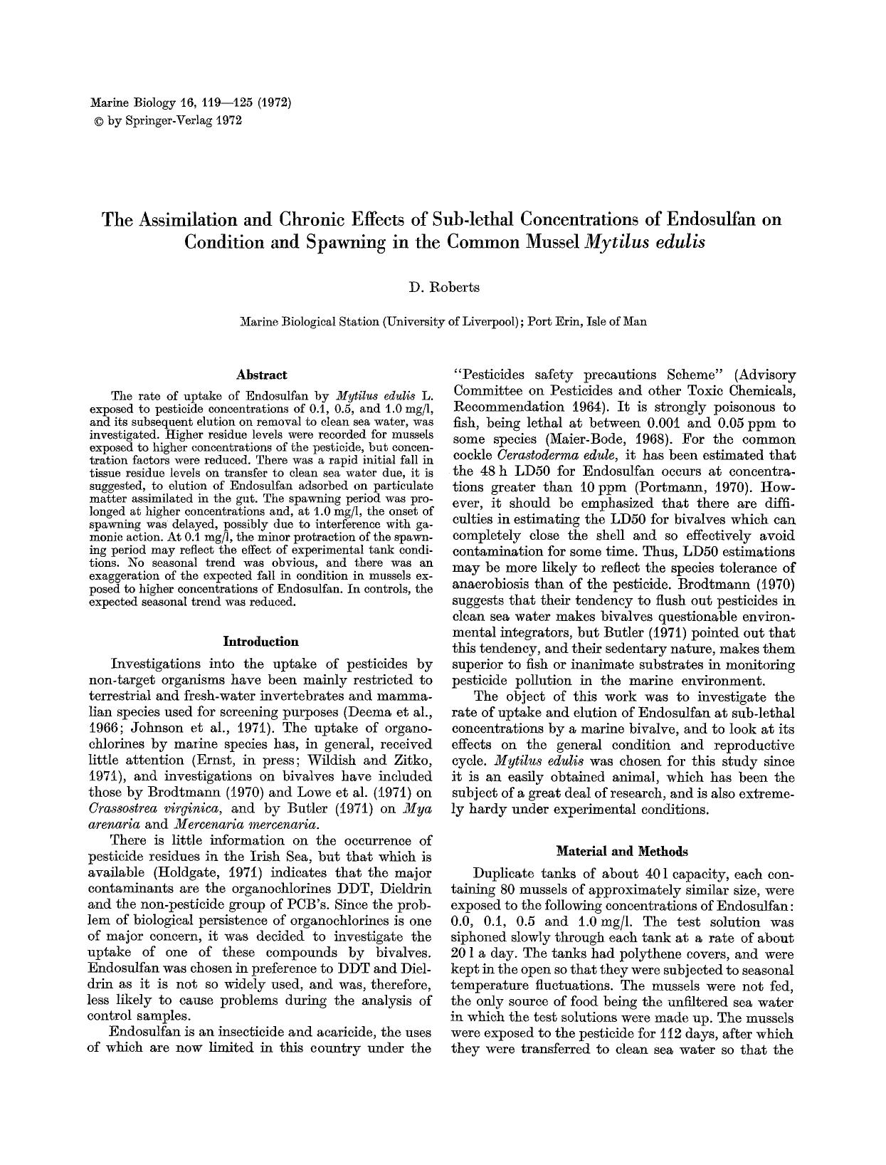 The assimilation and chronic effects of sub-lethal concentrations of Endosulfan on condition and spawning in the common mussel <Emphasis Type="Italic">Mytilus edulis<Emphasis> by Unknown