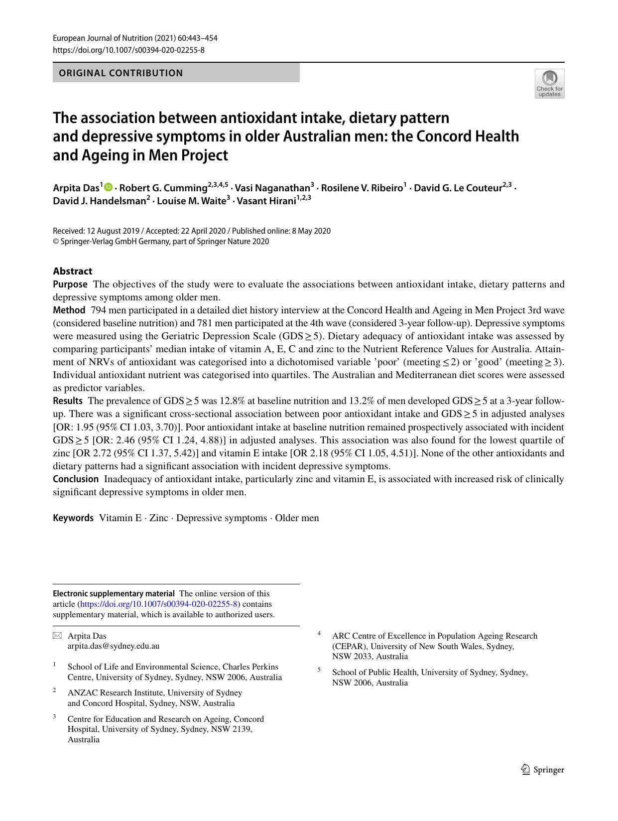 The association between antioxidant intake, dietary pattern and depressive symptoms in older Australian men: the Concord Health and Ageing in Men Project by unknow