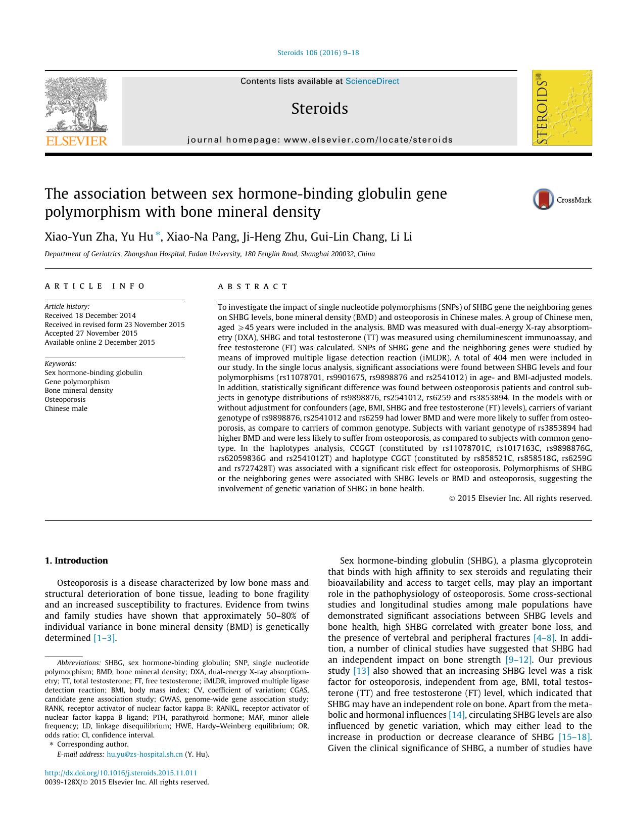 The association between sex hormone-binding globulin gene polymorphism with bone mineral density by Xiao-Yun Zha & Yu Hu & Xiao-Na Pang & Ji-Heng Zhu & Gui-Lin Chang & Li Li